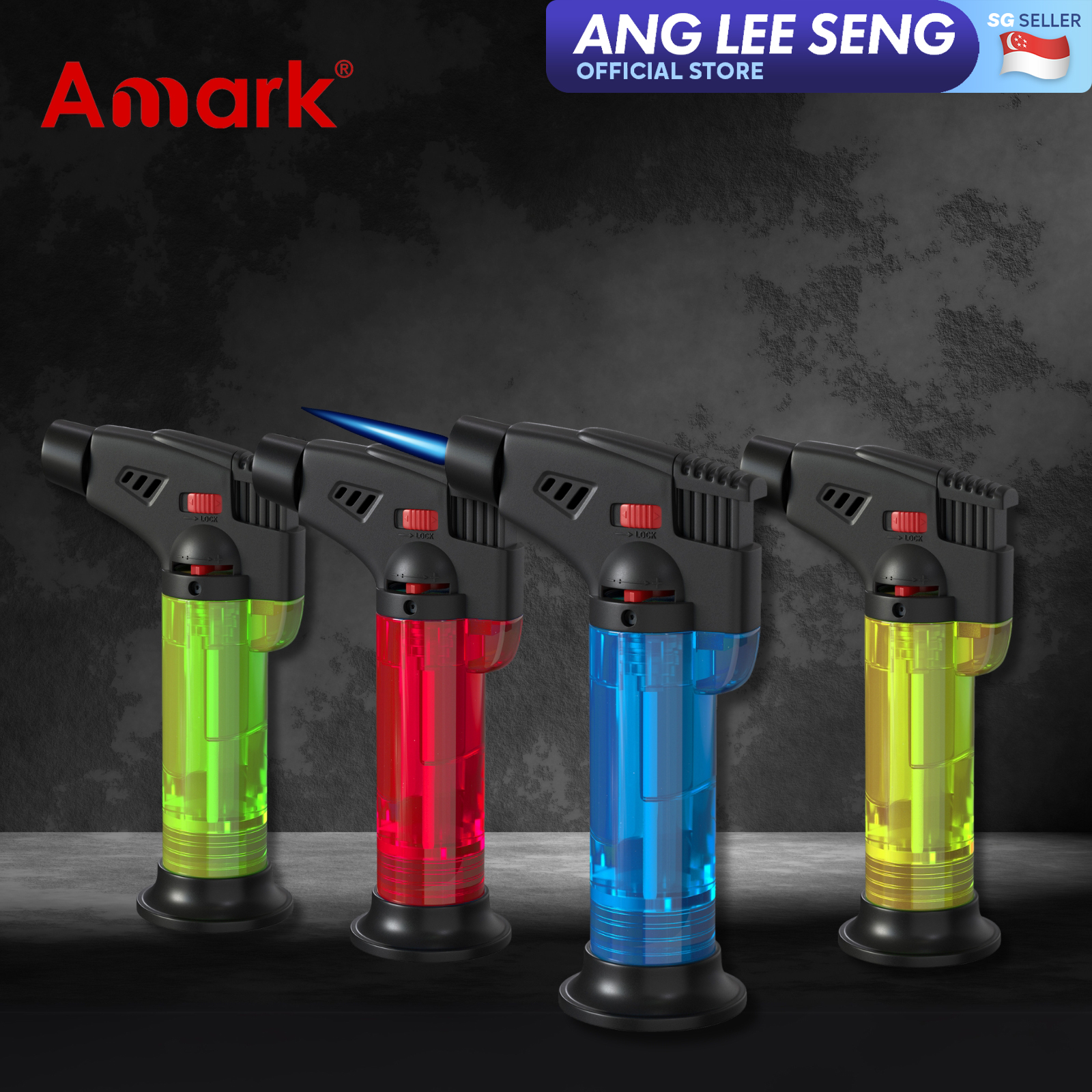 Image 22: Amark Windproof Refillable Torch Lighter with Base - Adjustable Flame & Safety Lock