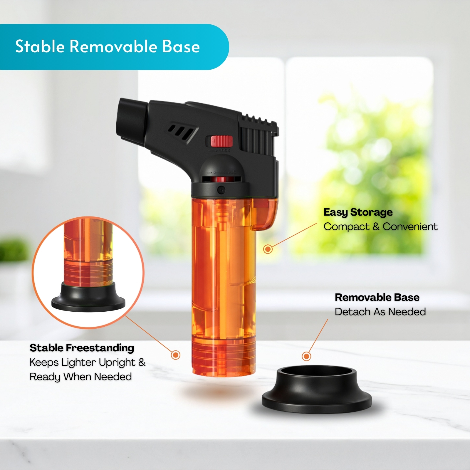 Amark Windproof Refillable Torch Lighter with Base - Adjustable Flame & Safety Lock
