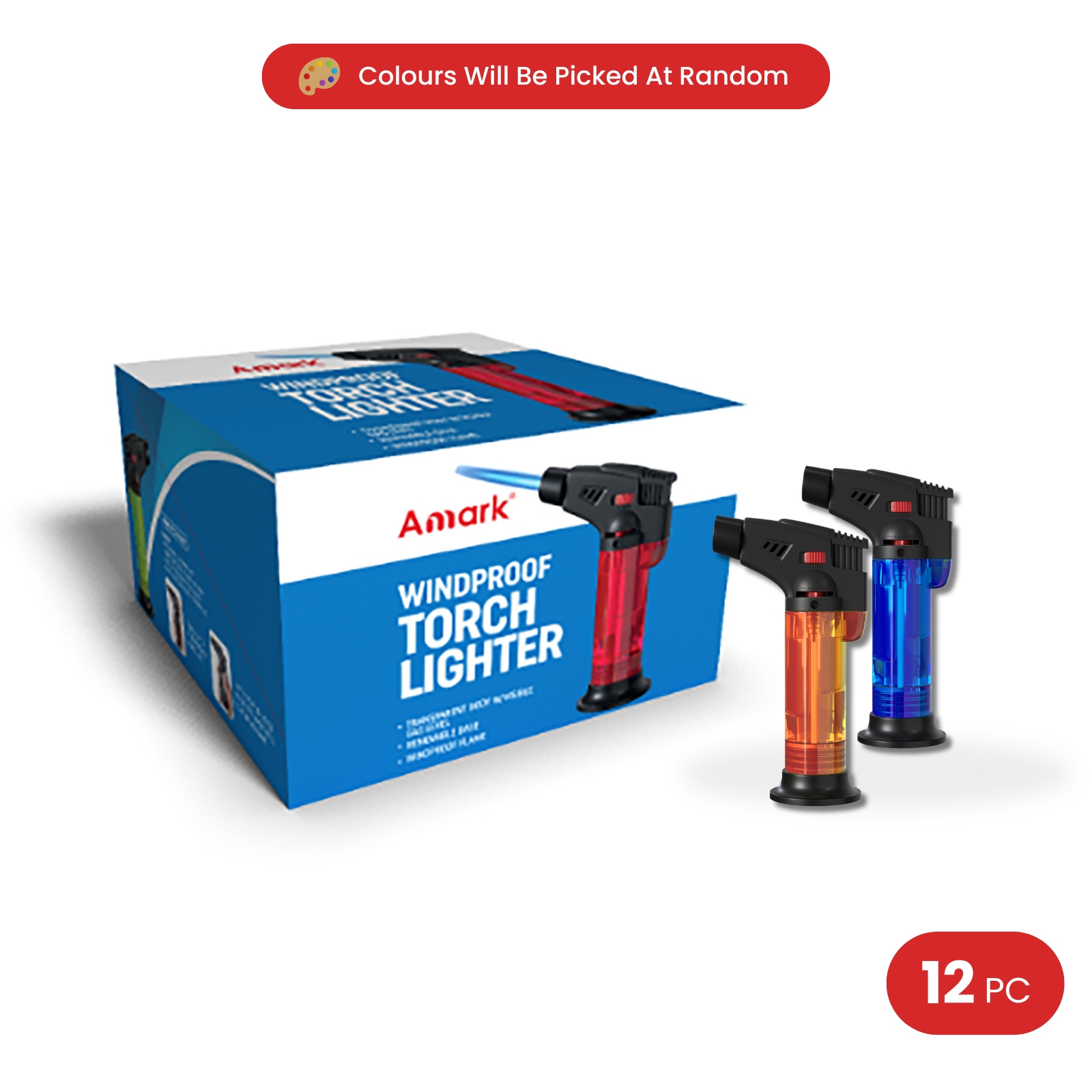 Amark Windproof Refillable Torch Lighter with Base - Adjustable Flame & Safety Lock