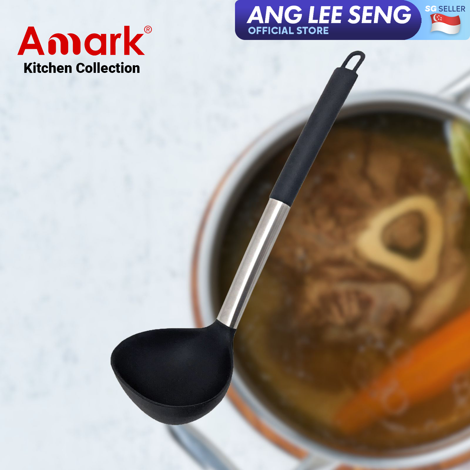 Amark Kitchen Collection Silicone & Stainless Steel Ladle - Scratch & High Heat Resistant