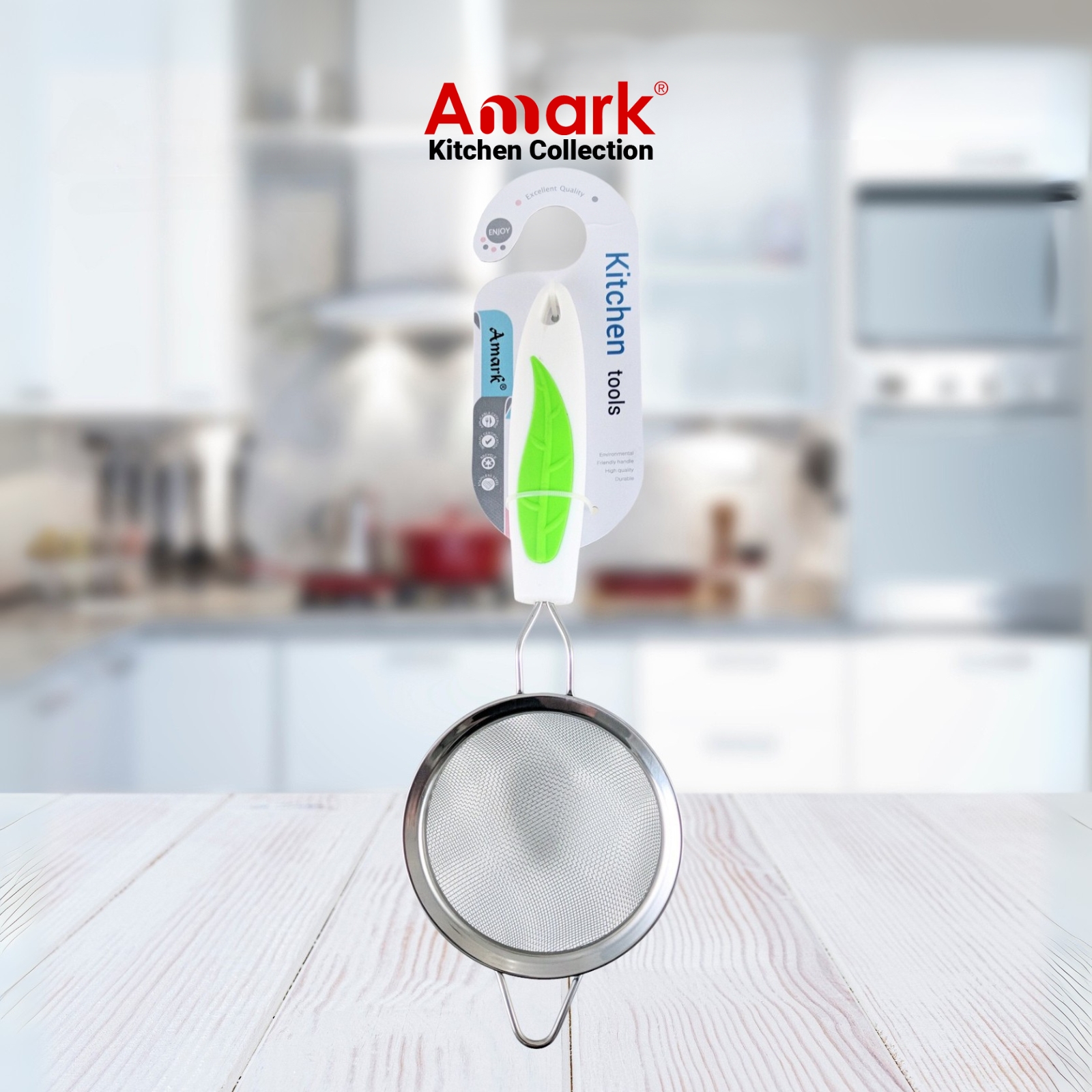 Amark Kitchen Collection Stainless Steel Tea Strainer with Green Leaf Handle - For Tea, Juice & Soup