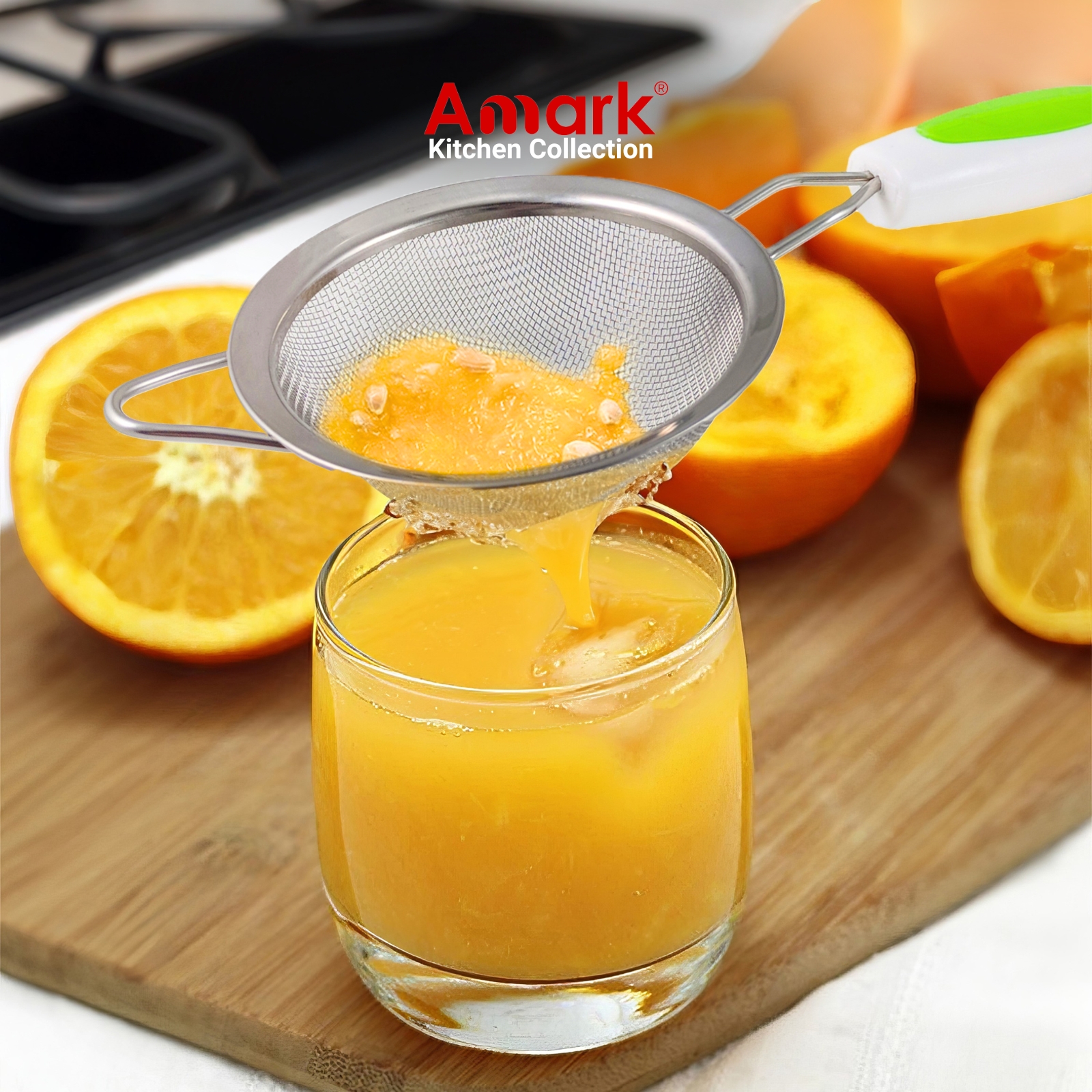 Amark Kitchen Collection Stainless Steel Tea Strainer with Green Leaf Handle - For Tea, Juice & Soup