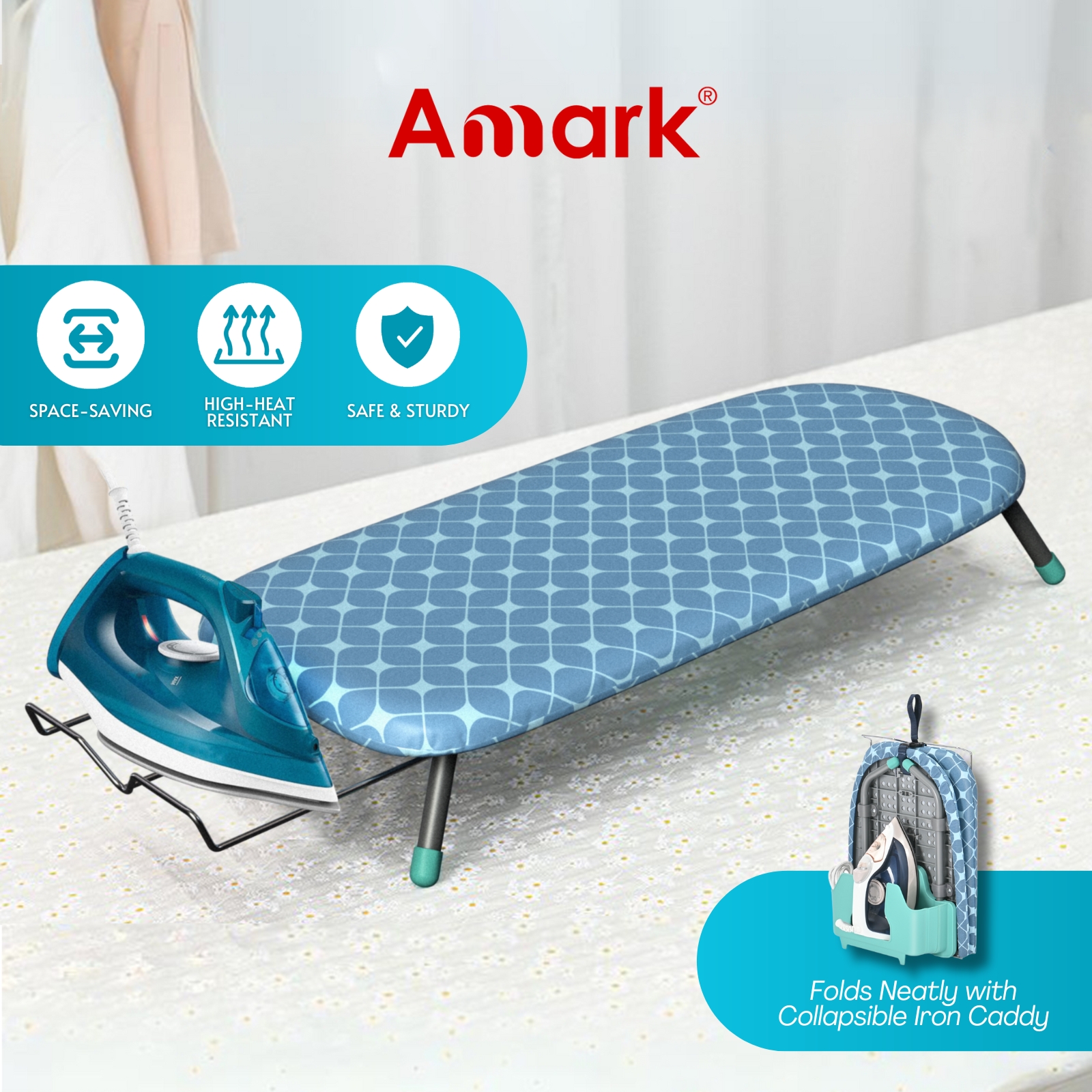 Amark 32" Foldable Tabletop Ironing Board with Iron Caddy, Space-Saving & Hanging Storage