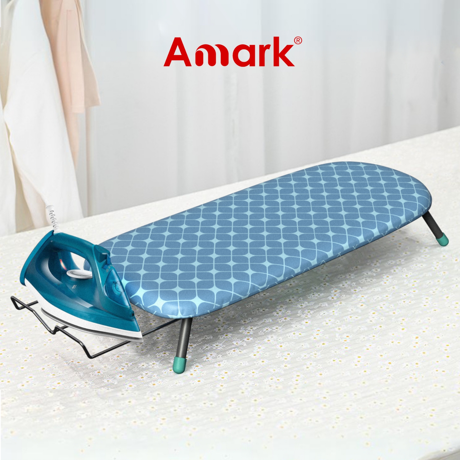 Amark 32" Foldable Tabletop Ironing Board with Iron Caddy, Space-Saving & Hanging Storage