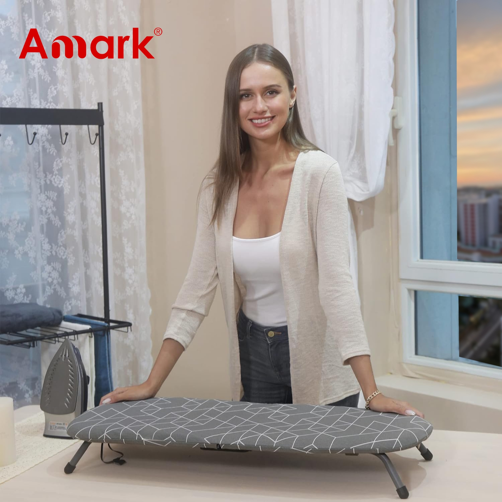 Amark 32" Foldable Tabletop Ironing Board with Iron Caddy, Space-Saving & Hanging Storage