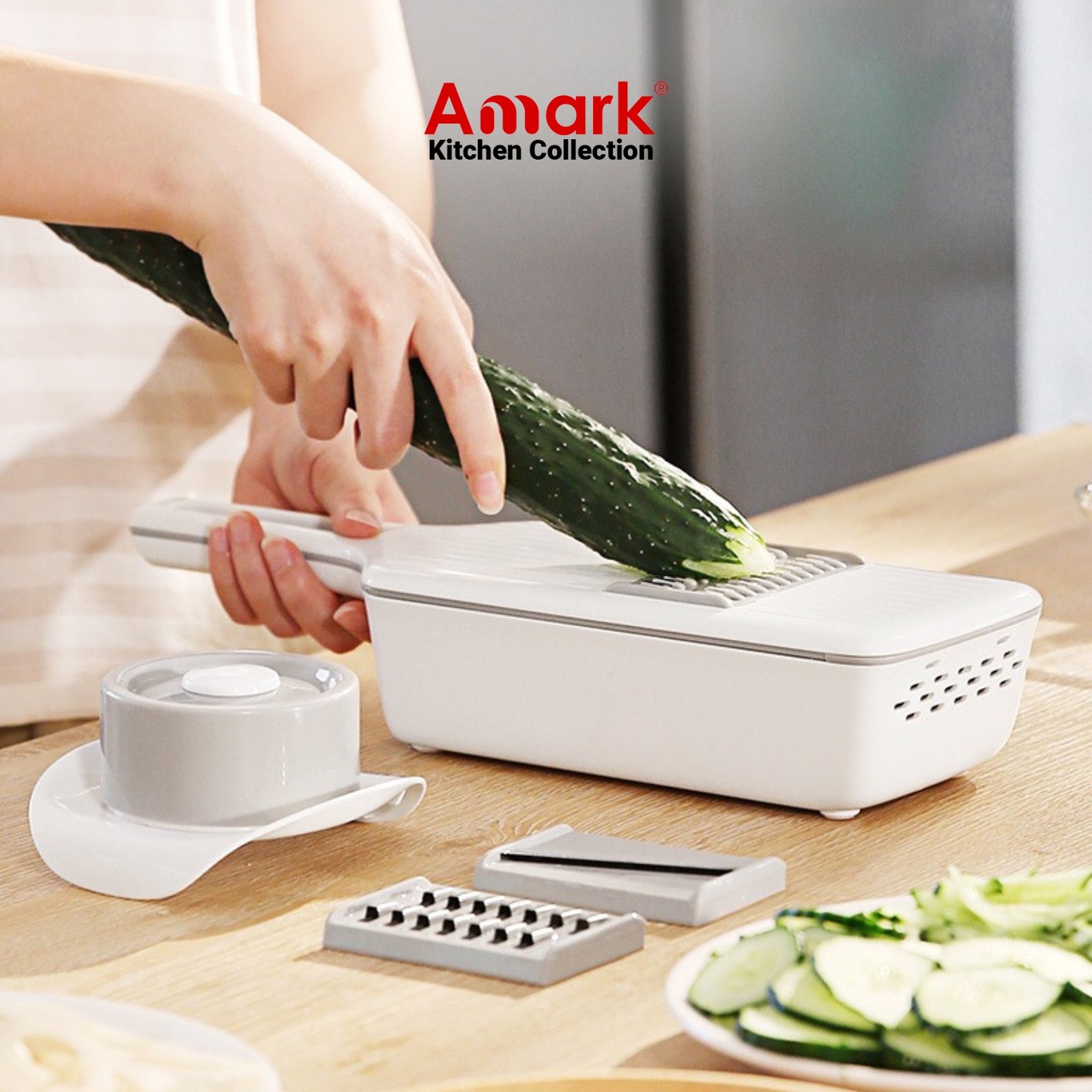 Amark Kitchen Collection Mandoline Food Slicer Shredder & Grater with Container Box - 6-in-1 Set