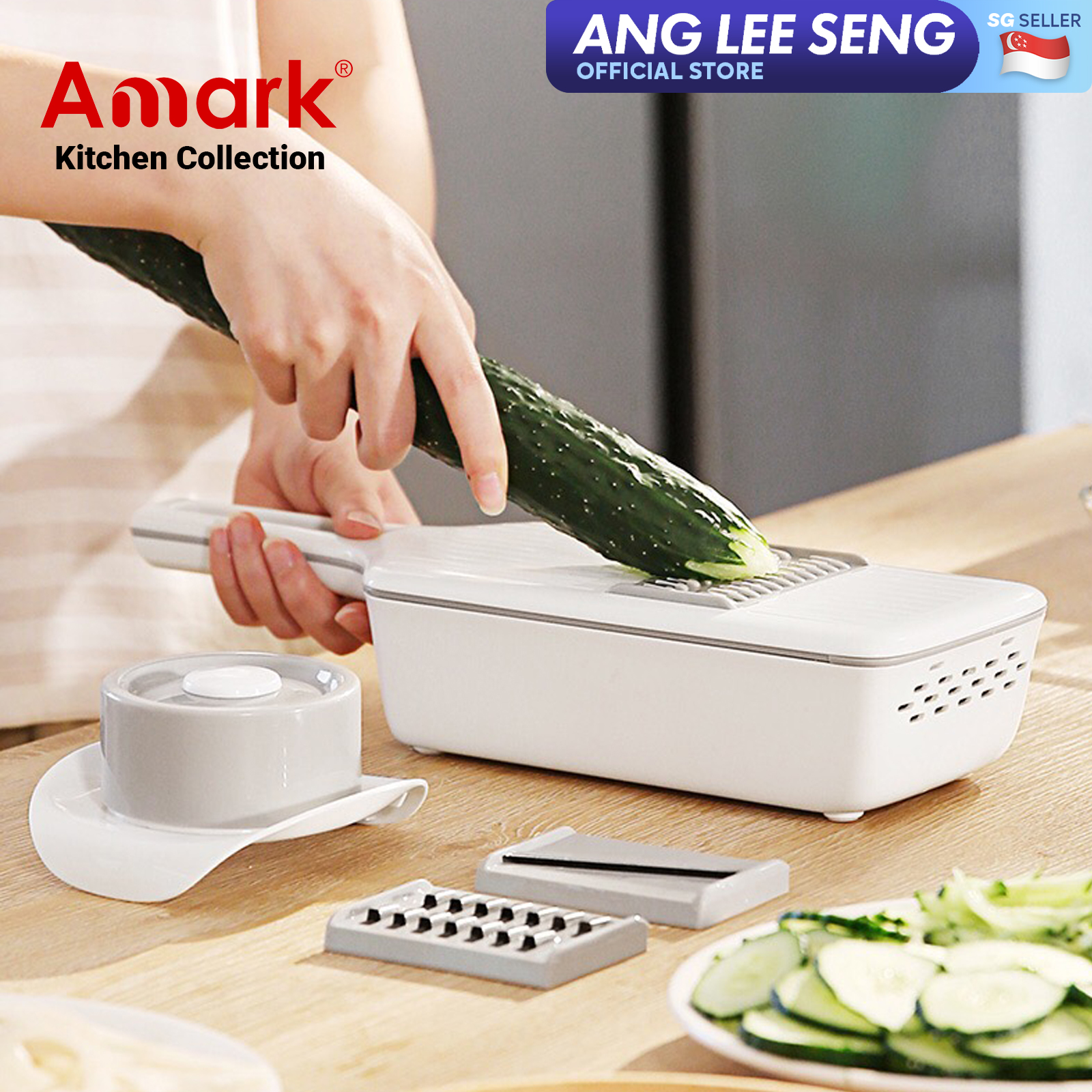 Amark Kitchen Collection Mandoline Food Slicer Shredder & Grater with Easy Drain Container Box - 6-In-1 Set