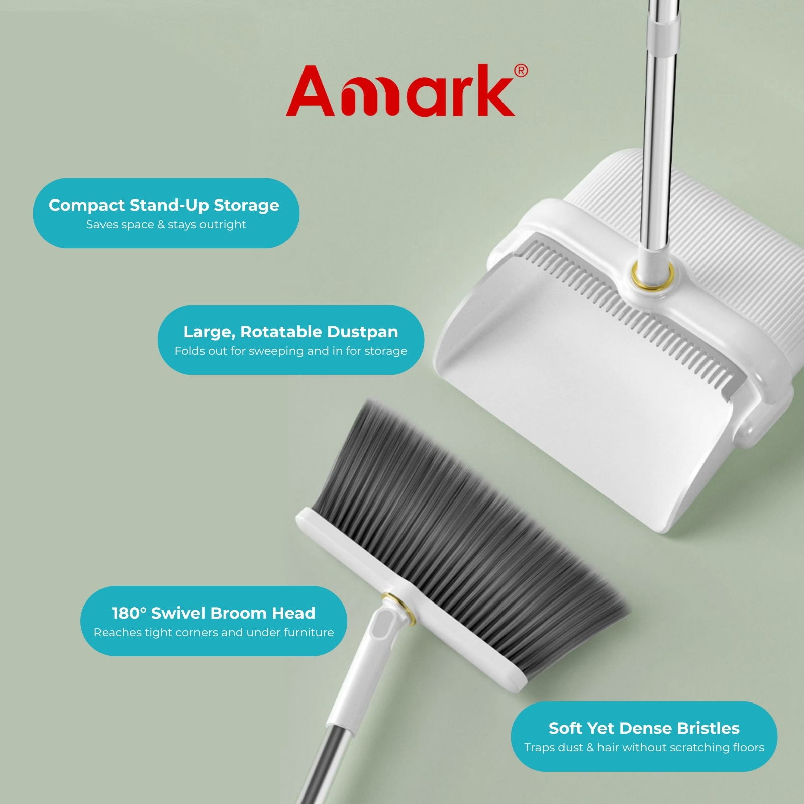 Amark Stainless Steel Dustpan & Broom Set - Compact Standing Design, Rust-Free Handle