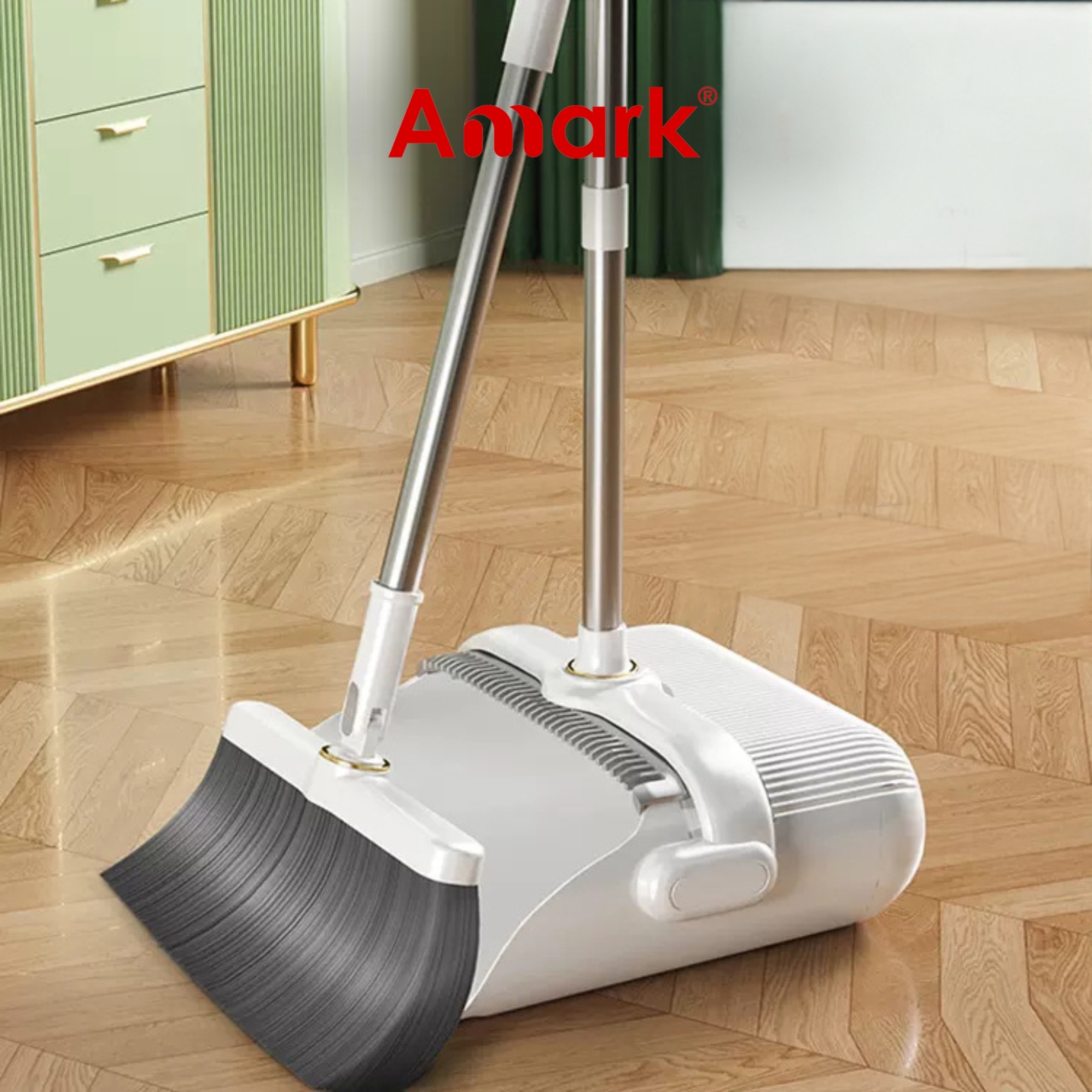 Amark Stainless Steel Dustpan & Broom Set - Compact Standing Design, Rust-Free Handle