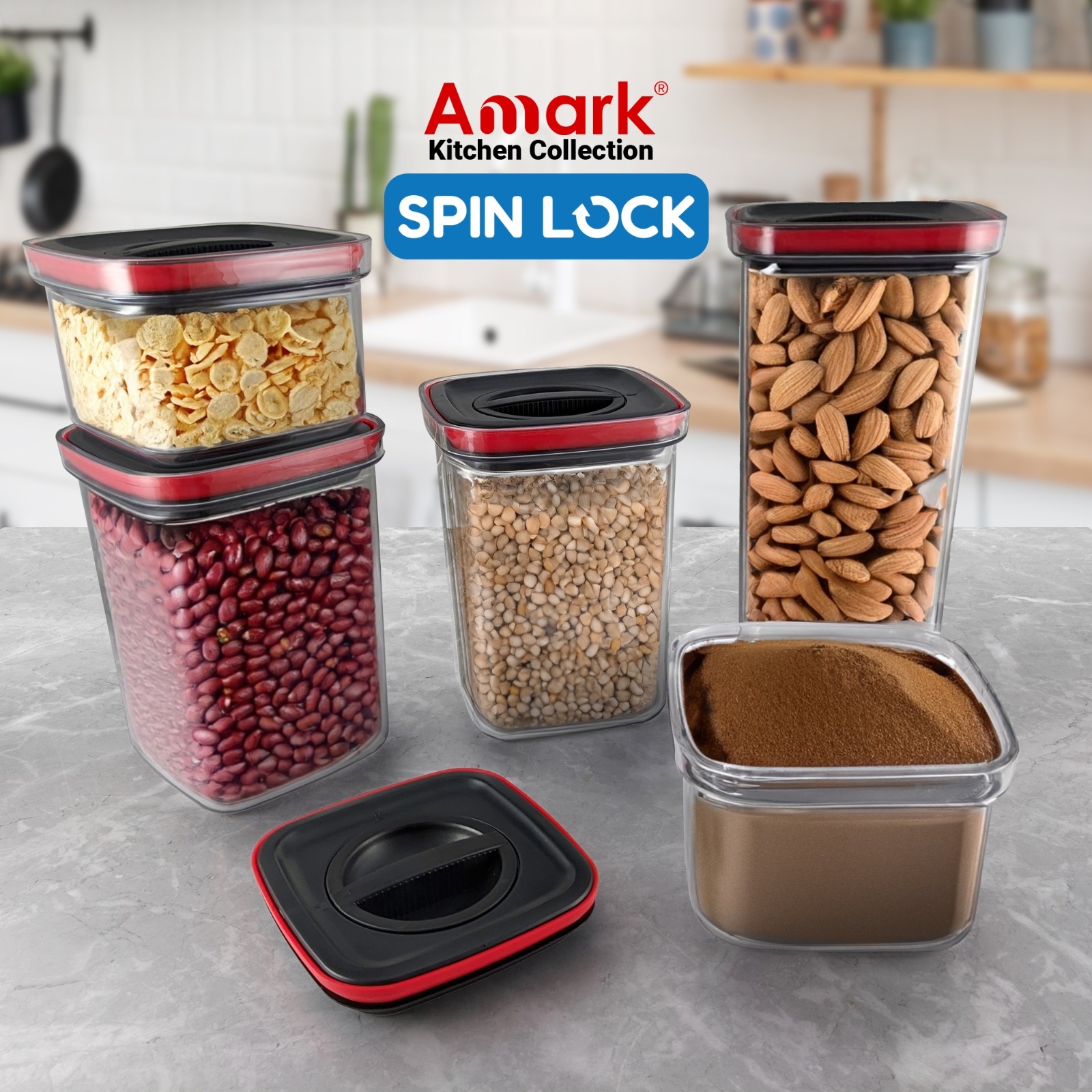 Amark Kitchen Collection Spin Lock Food Storage Container - Airtight, Watertight & Stackable