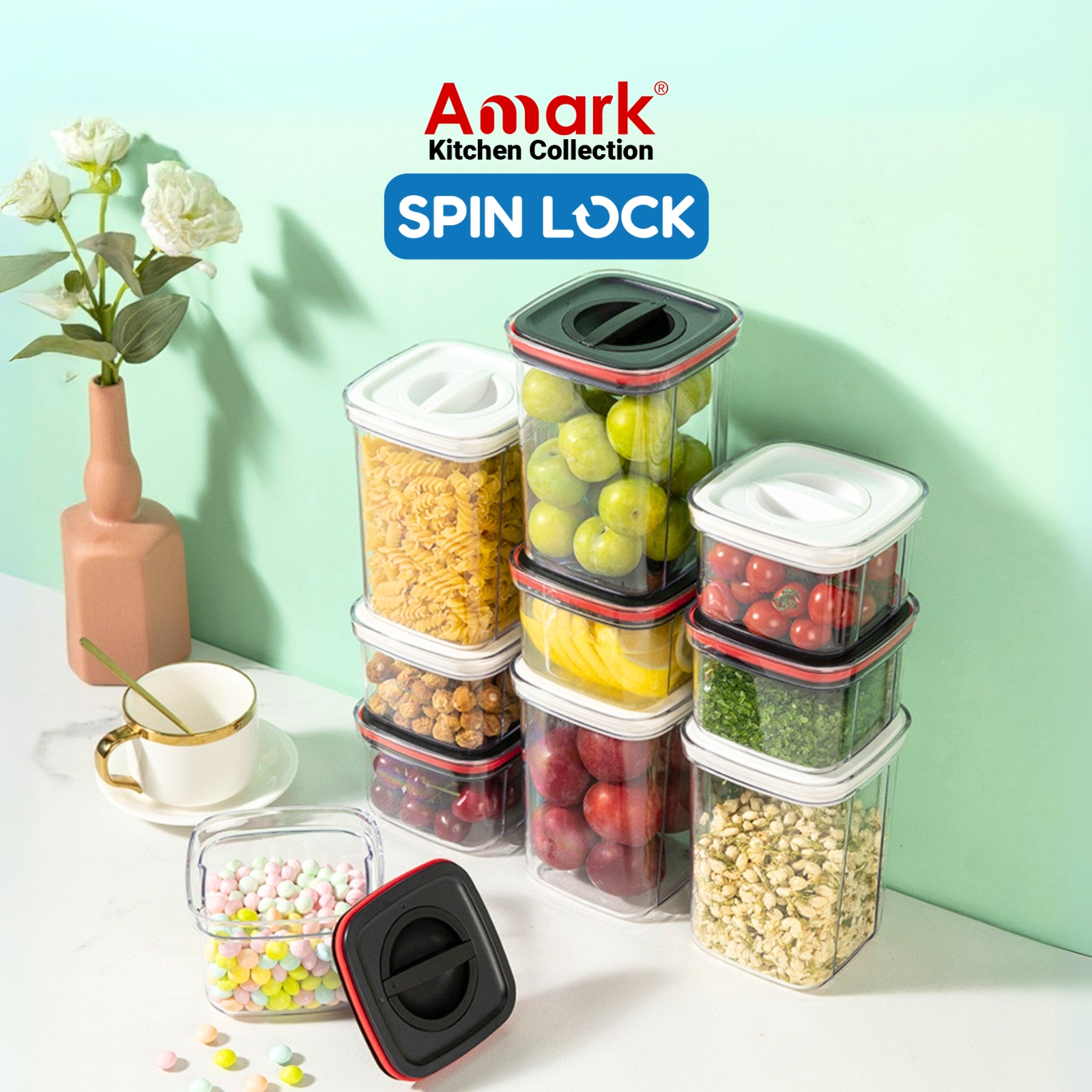 Amark Kitchen Collection Spin Lock Food Storage Container - Airtight, Watertight & Stackable