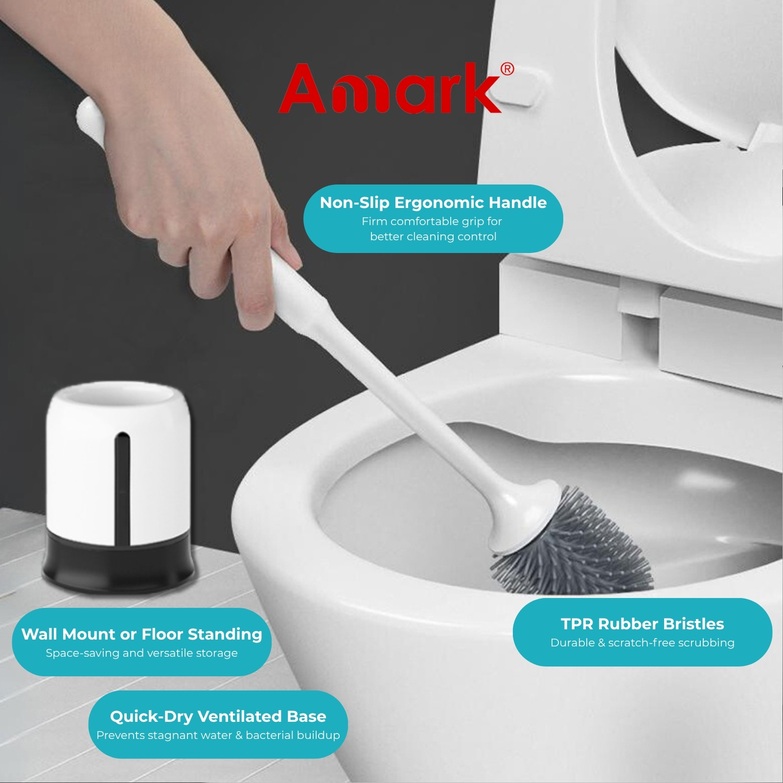 Amark TPR Rubber Bristles Toilet Brush with Easy Drain Wall-Mounted Holder