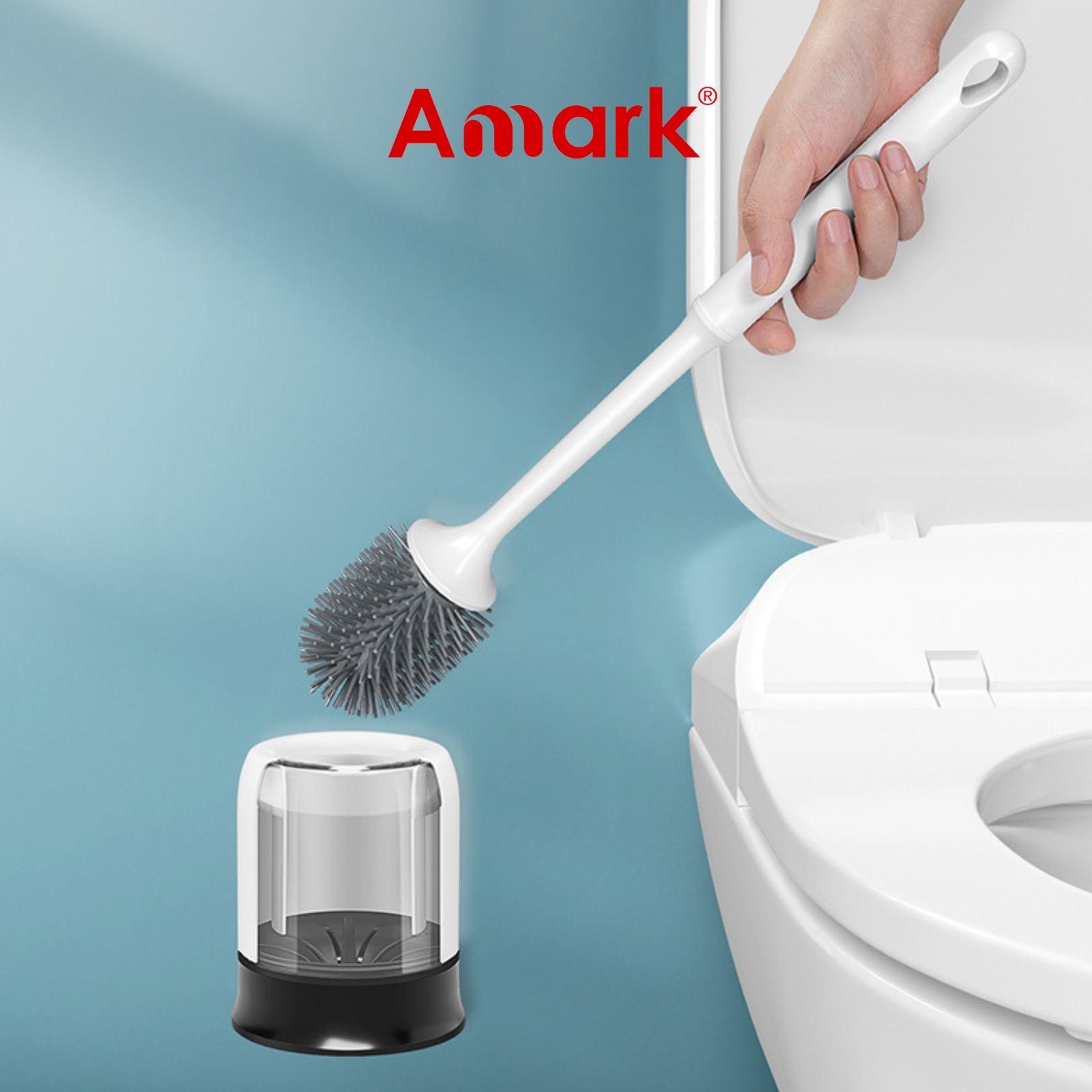 Amark TPR Rubber Bristles Toilet Brush with Easy Drain Wall-Mounted Holder