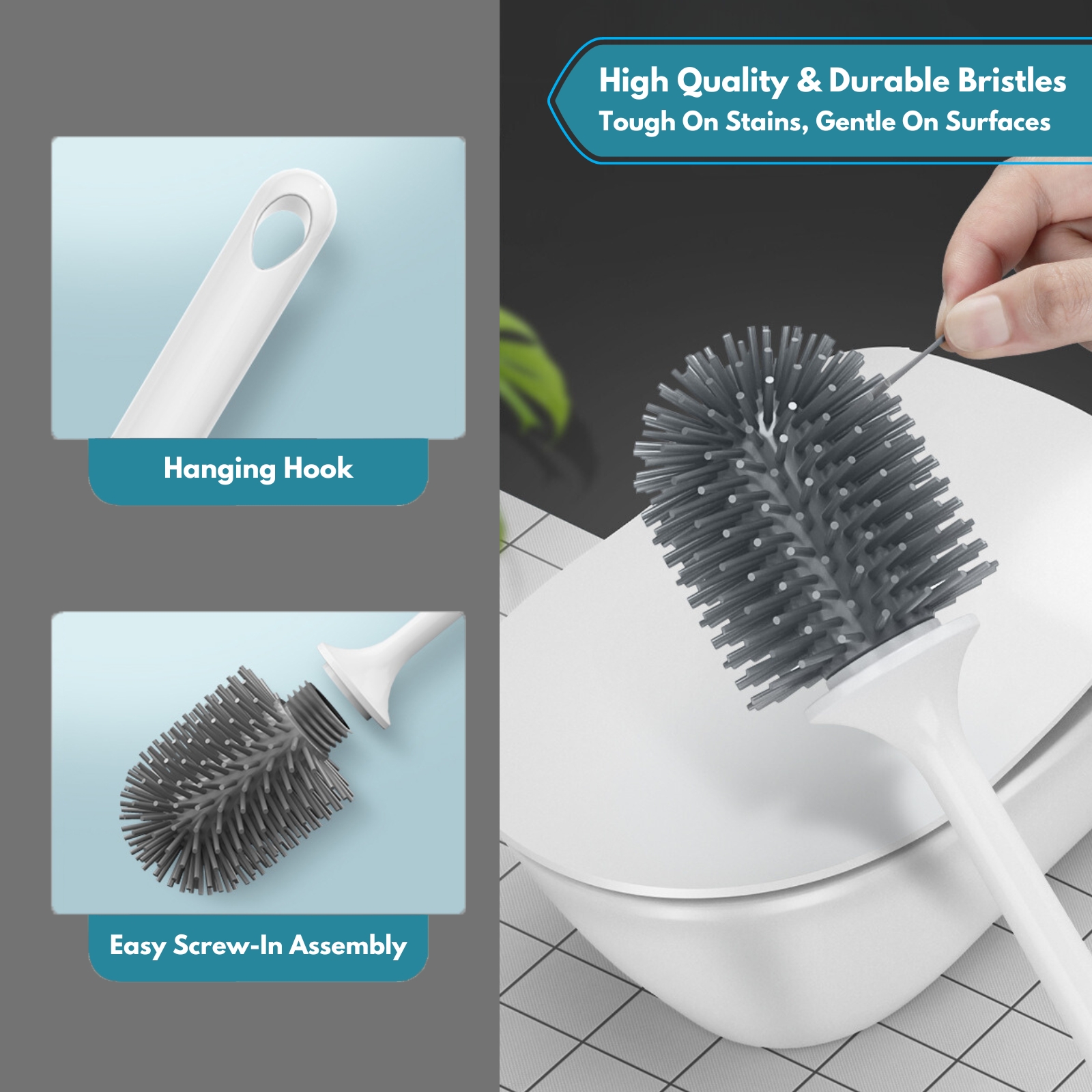 Amark TPR Rubber Bristles Toilet Brush with Easy Drain Wall-Mounted Holder