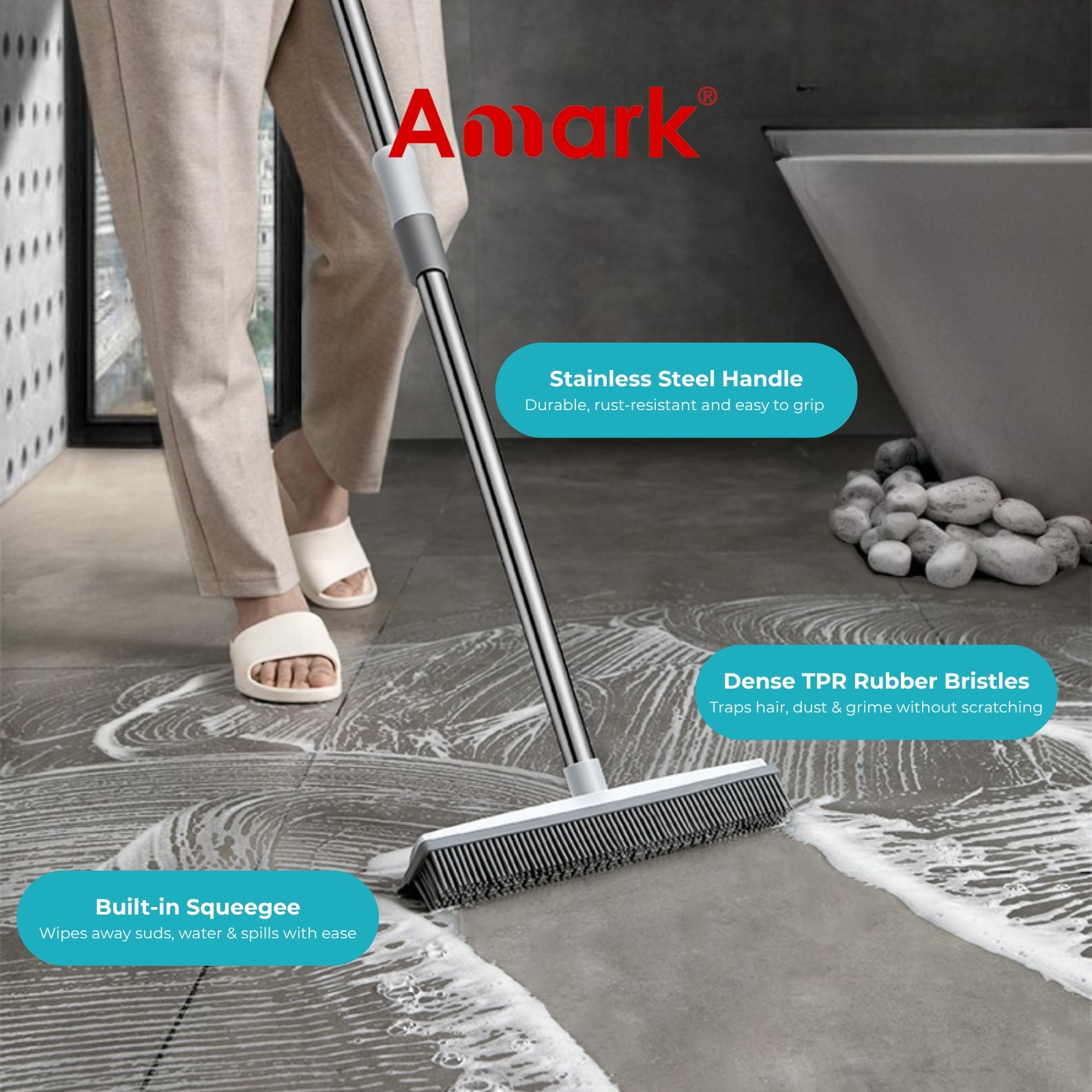 Amark 2-in-1 TPR Rubber Broom & Floor Squeegee Scraper (120cm Pole)