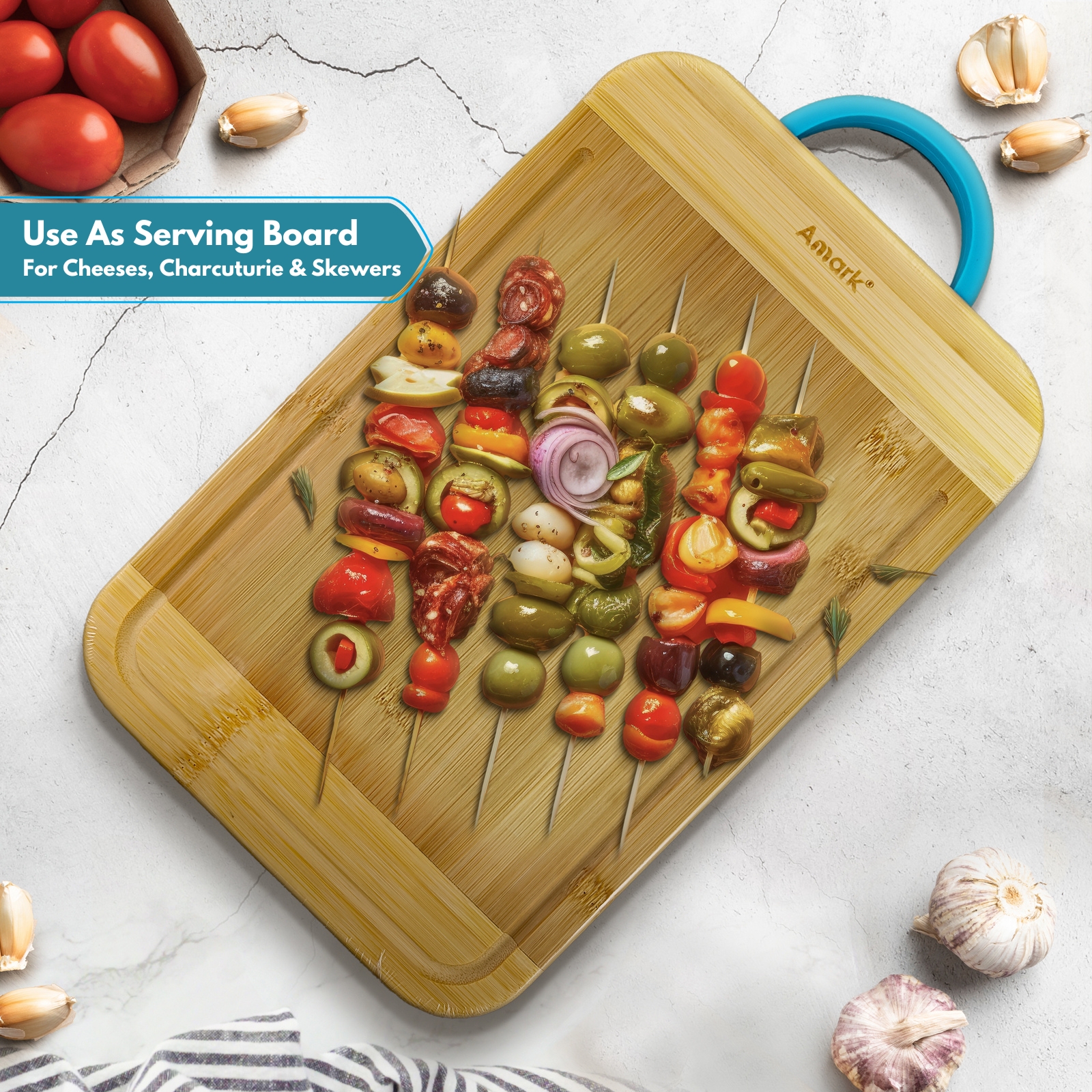 Amark Kitchen Collection Bamboo Cutting Board with Juice Groove & Handle