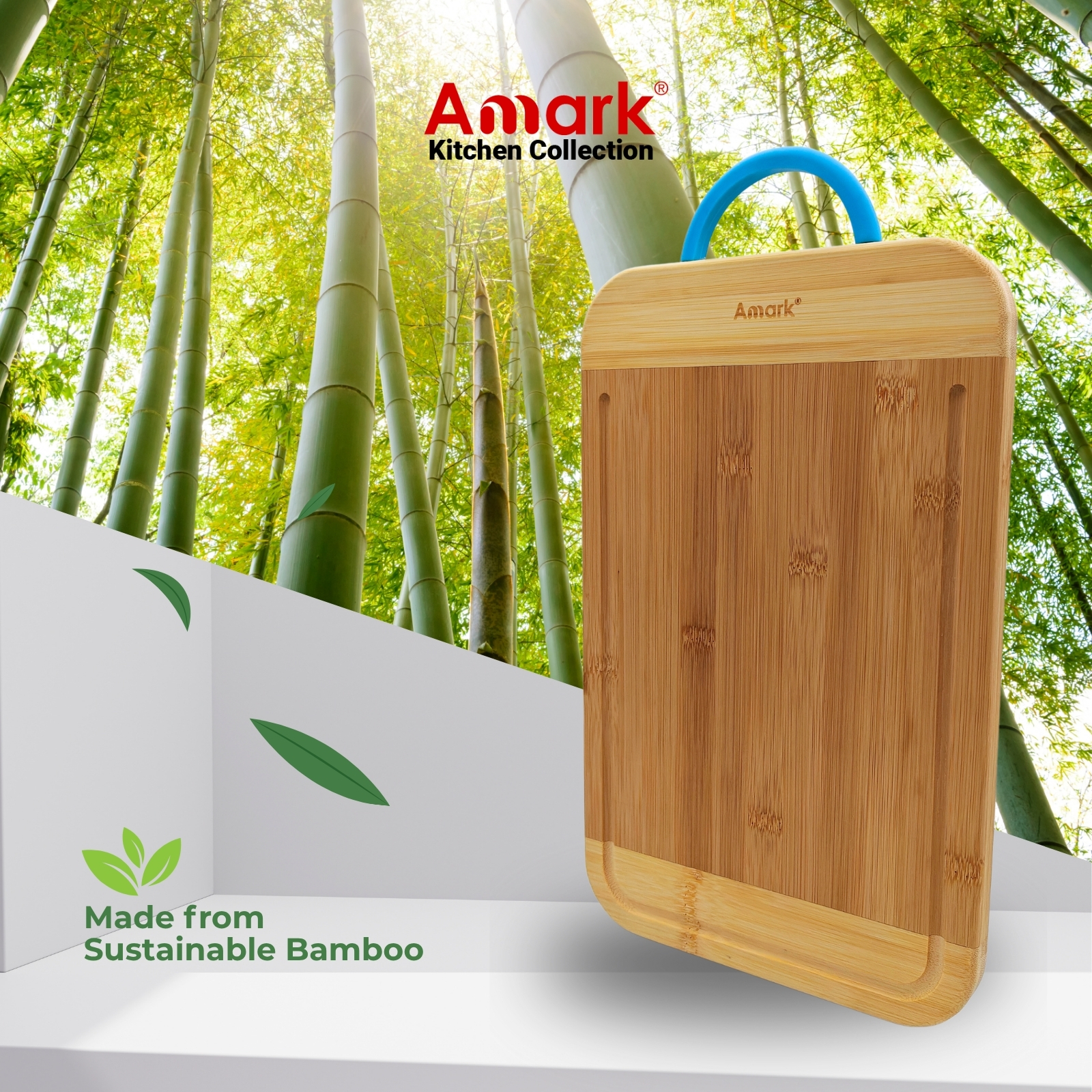 Amark Kitchen Collection Bamboo Chopping Board with Handle & Juice Groove - Cutting & Serving Board