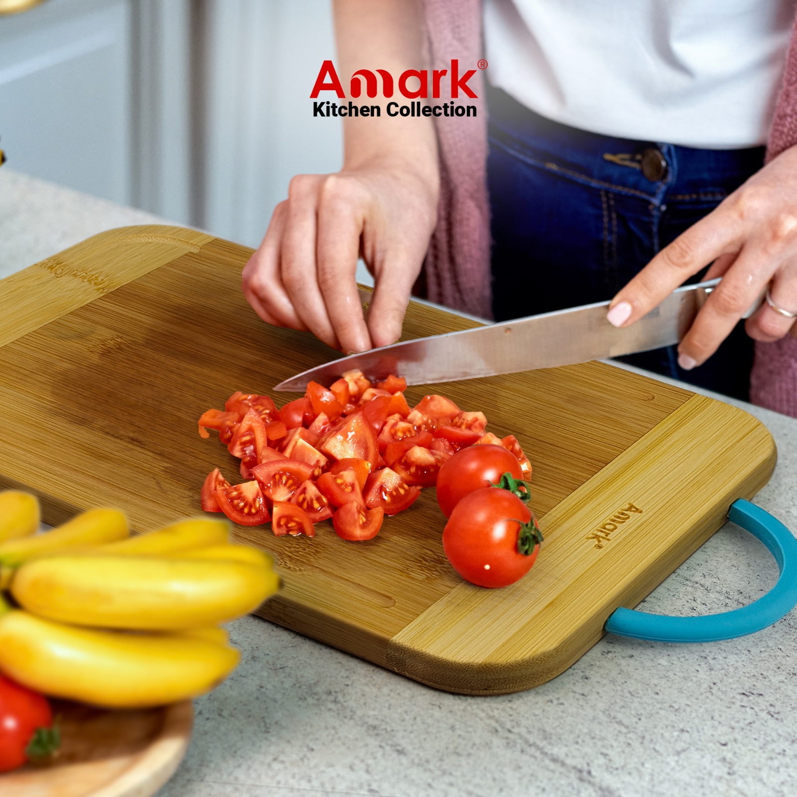 Amark Kitchen Collection Bamboo Chopping Board with Handle & Juice Groove - Cutting & Serving Board