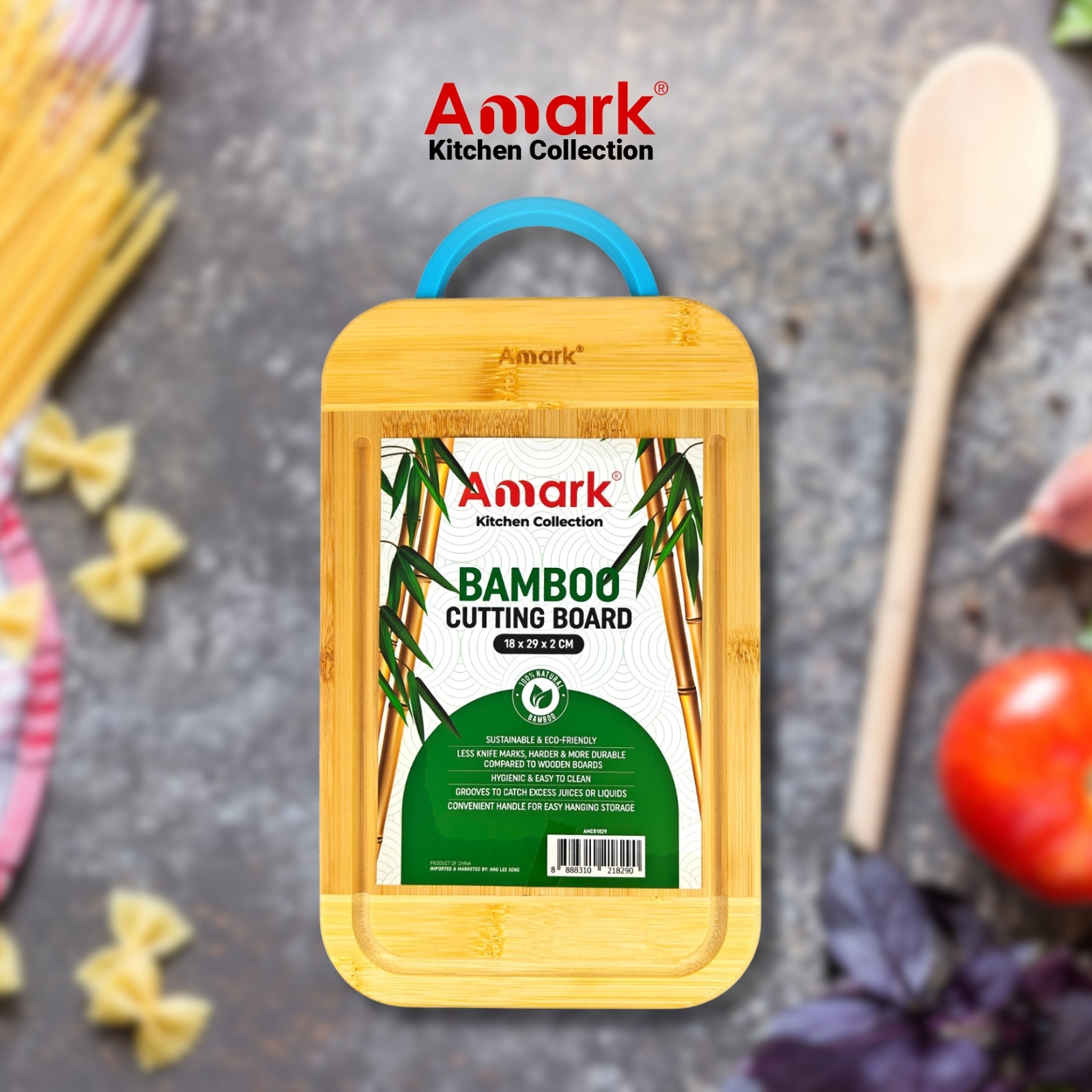 Amark Kitchen Collection Bamboo Chopping Board with Handle & Juice Groove - Cutting & Serving Board