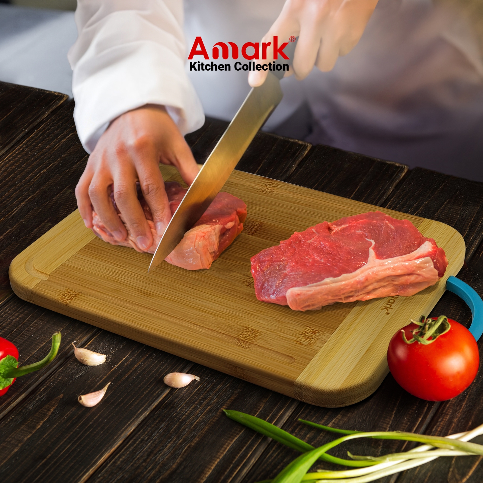 Amark Kitchen Collection Bamboo Chopping Board with Handle & Juice Groove - Cutting & Serving Board