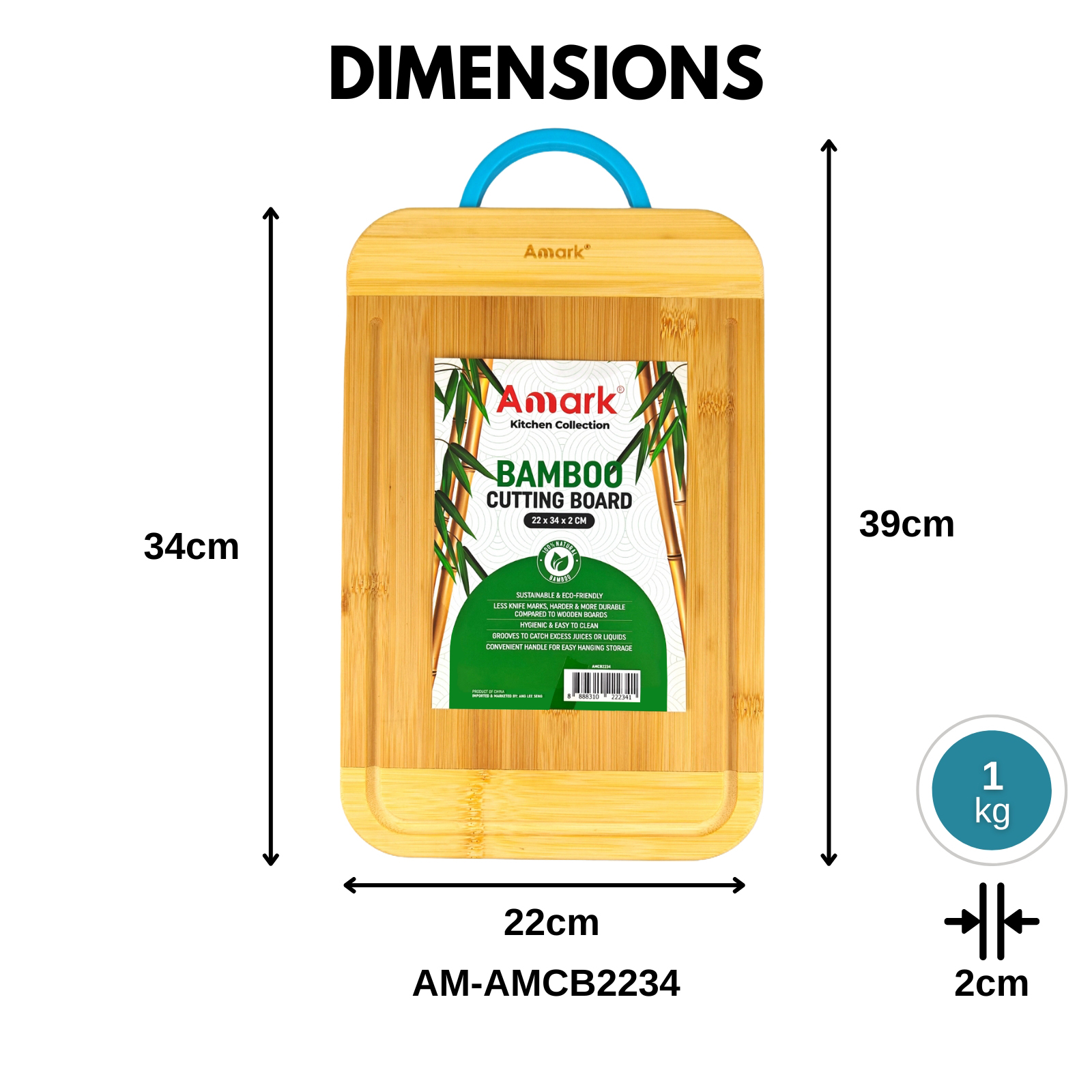 Amark Kitchen Collection Bamboo Cutting Board with Juice Groove & Handle