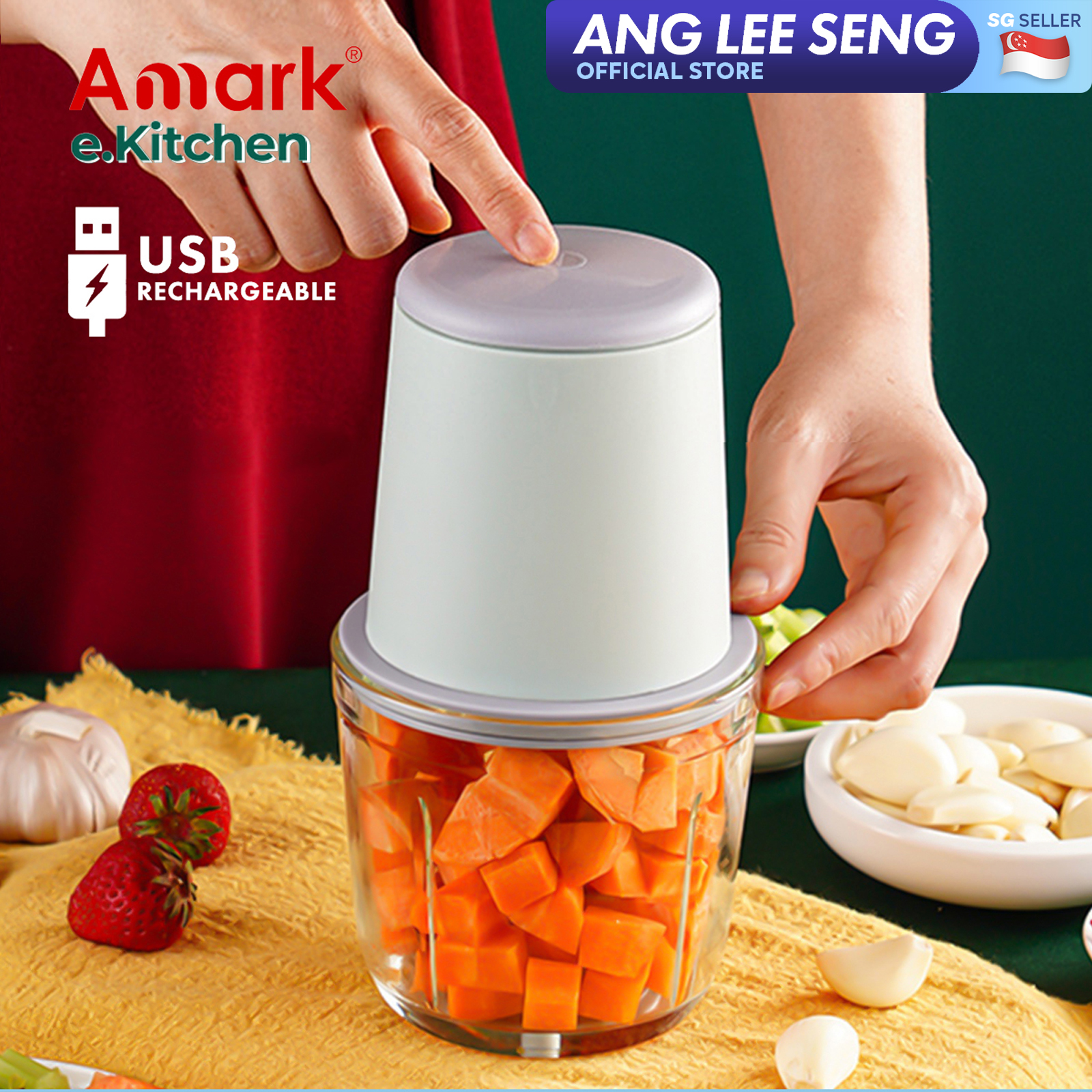 Amark e.Kitchen Cordless USB-Rechargeable Mini Food Chopper with 600ml Glass Bowl