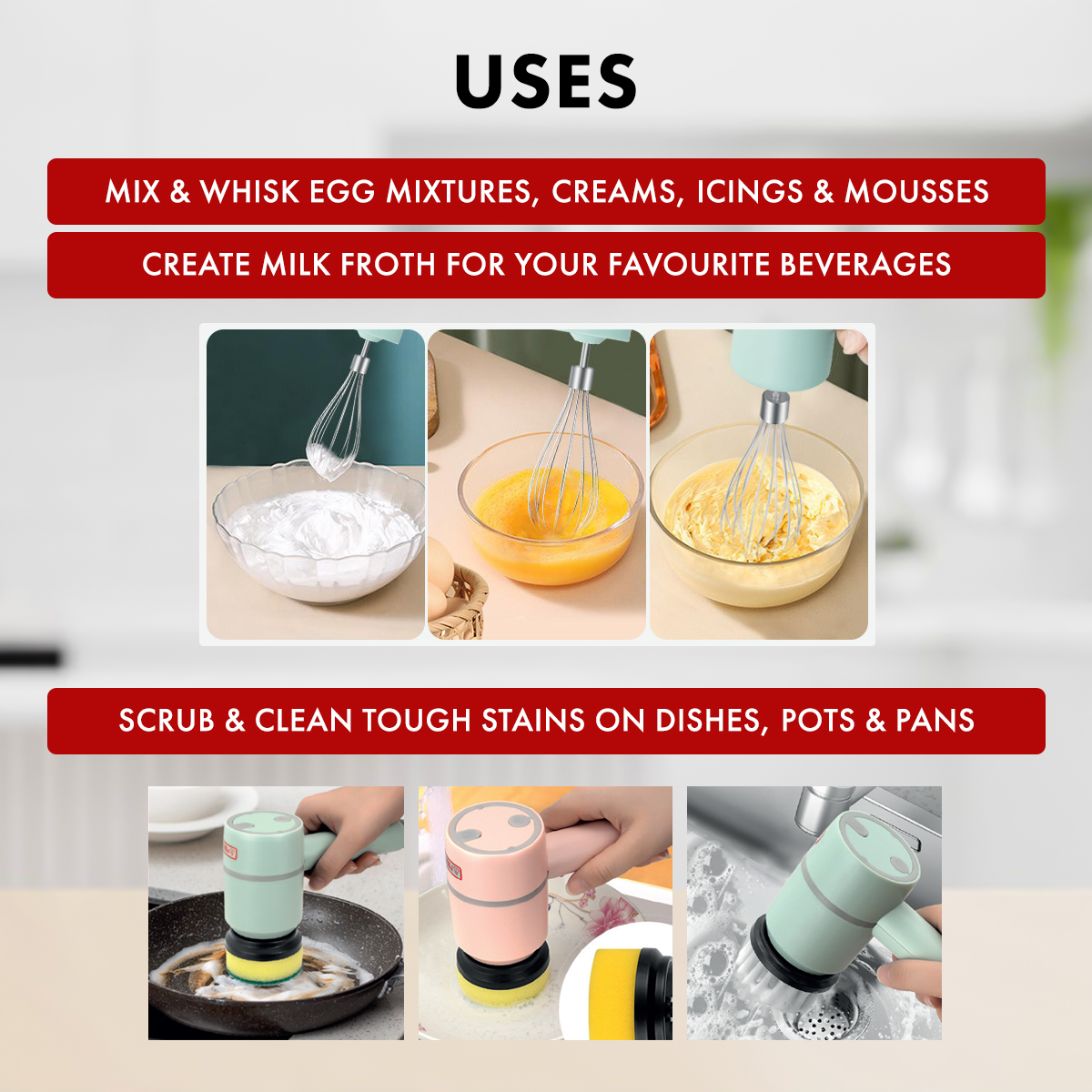 Amark e.Kitchen Cordless USB-Rechargeable Multi-Use Mixer & Scrubber - 5pc Attachments Set