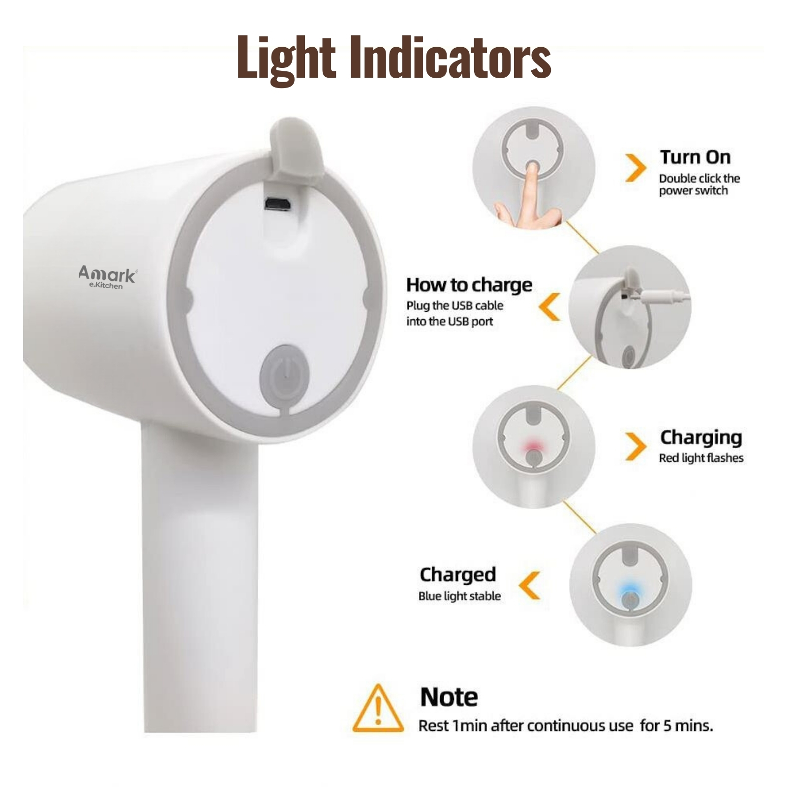 Amark e.Kitchen Cordless USB-Rechargeable Multi-Use Mixer & Scrubber - 5pc Attachments Set