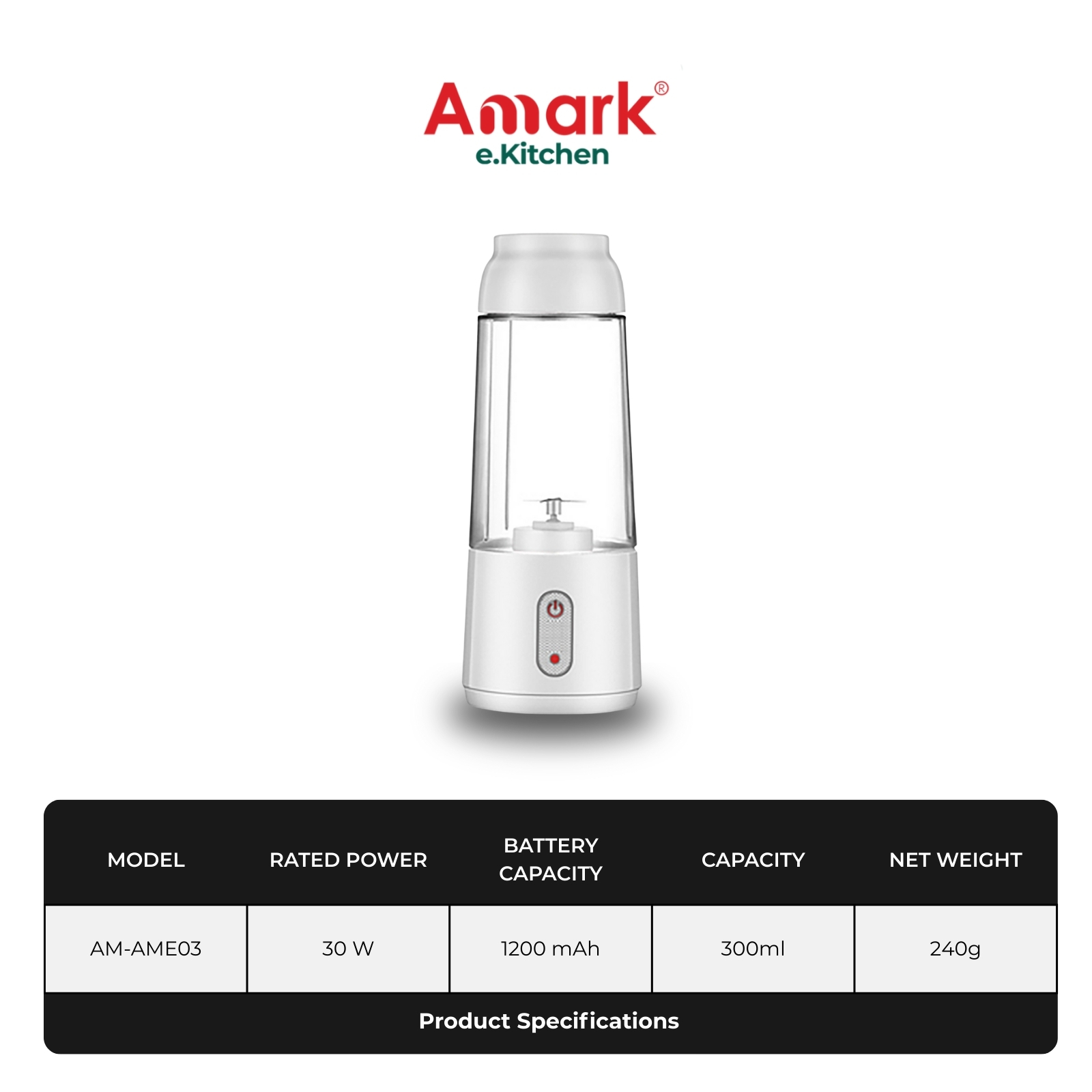 Amark e.Kitchen Cordless USB-Rechargeable Mini Smoothie Blender 300ml