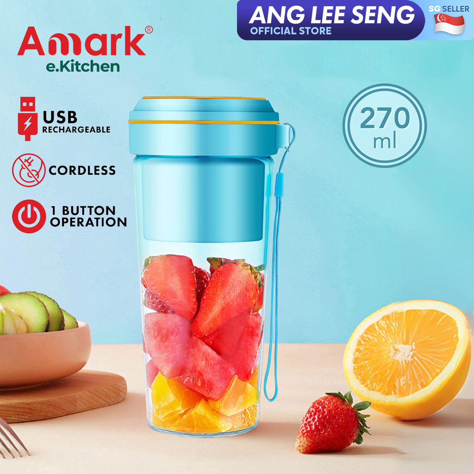 Amark e.Kitchen Cordless USB-Rechargeable Smoothie Blender Juicer Cup 270ml
