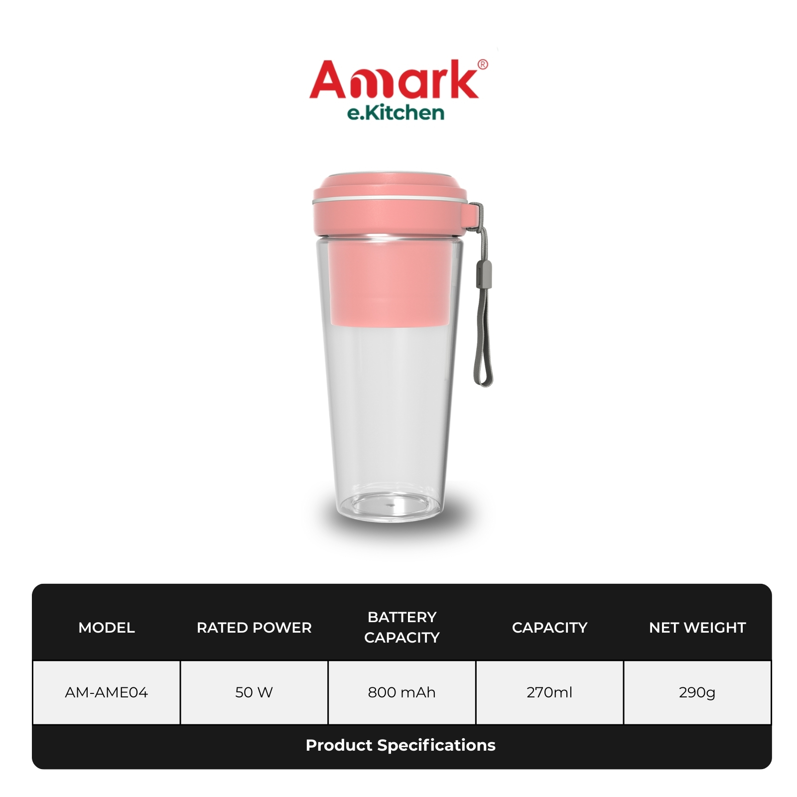 Amark e.Kitchen Cordless USB-Rechargeable Mini Smoothie Blender Cup 270ml