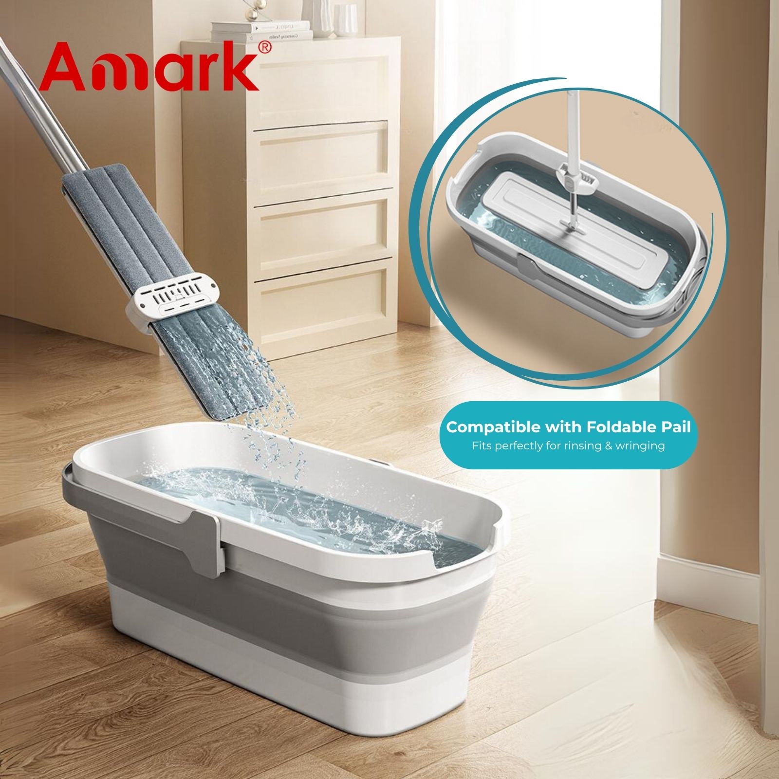 Amark Magic Mop Set | 38cm Flat Mop + Foldable 11.8L Pail | Wet