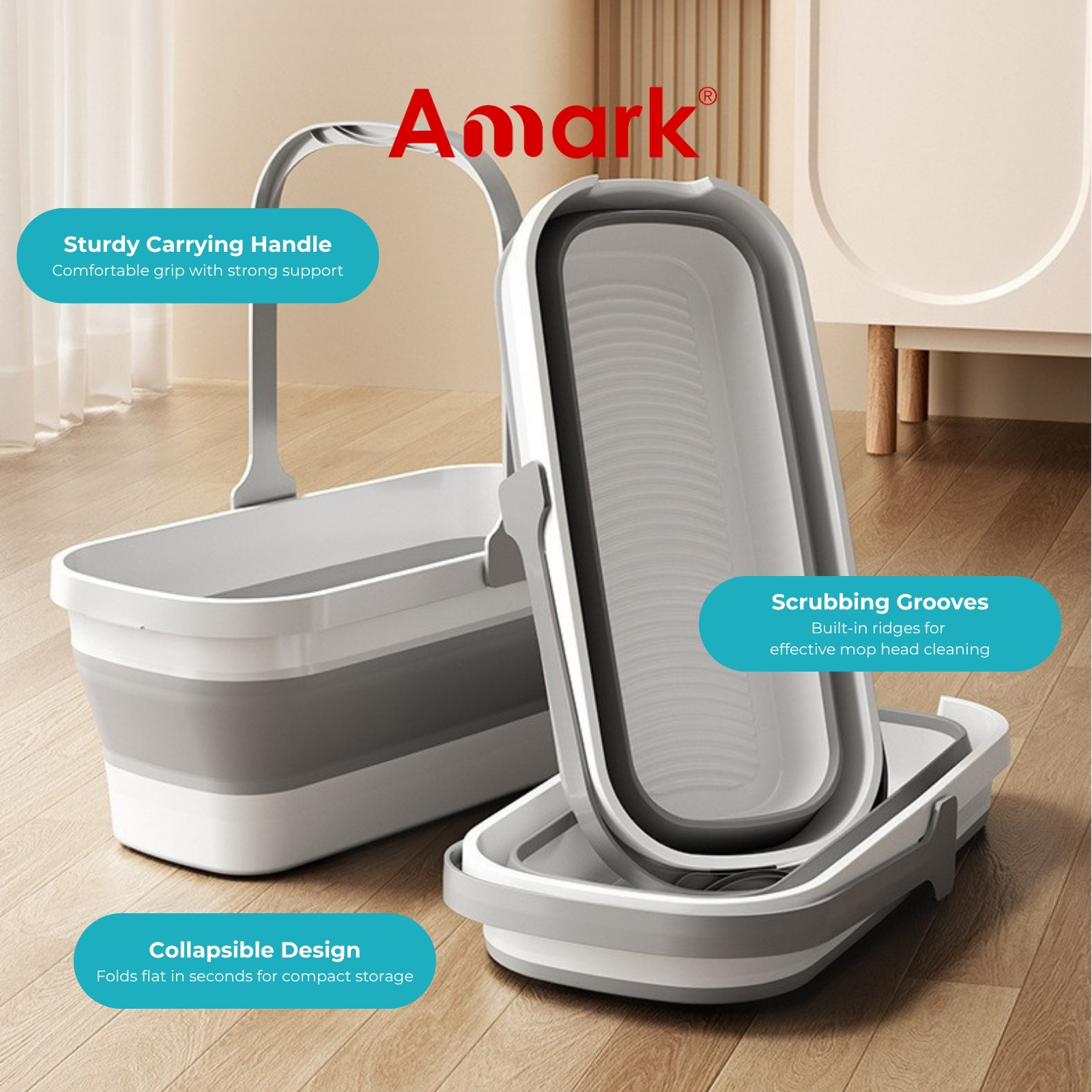 Amark Collapsible Cleaning Pail | 11.8L | Folding Mop Bucket with Scrubbing Grooves
