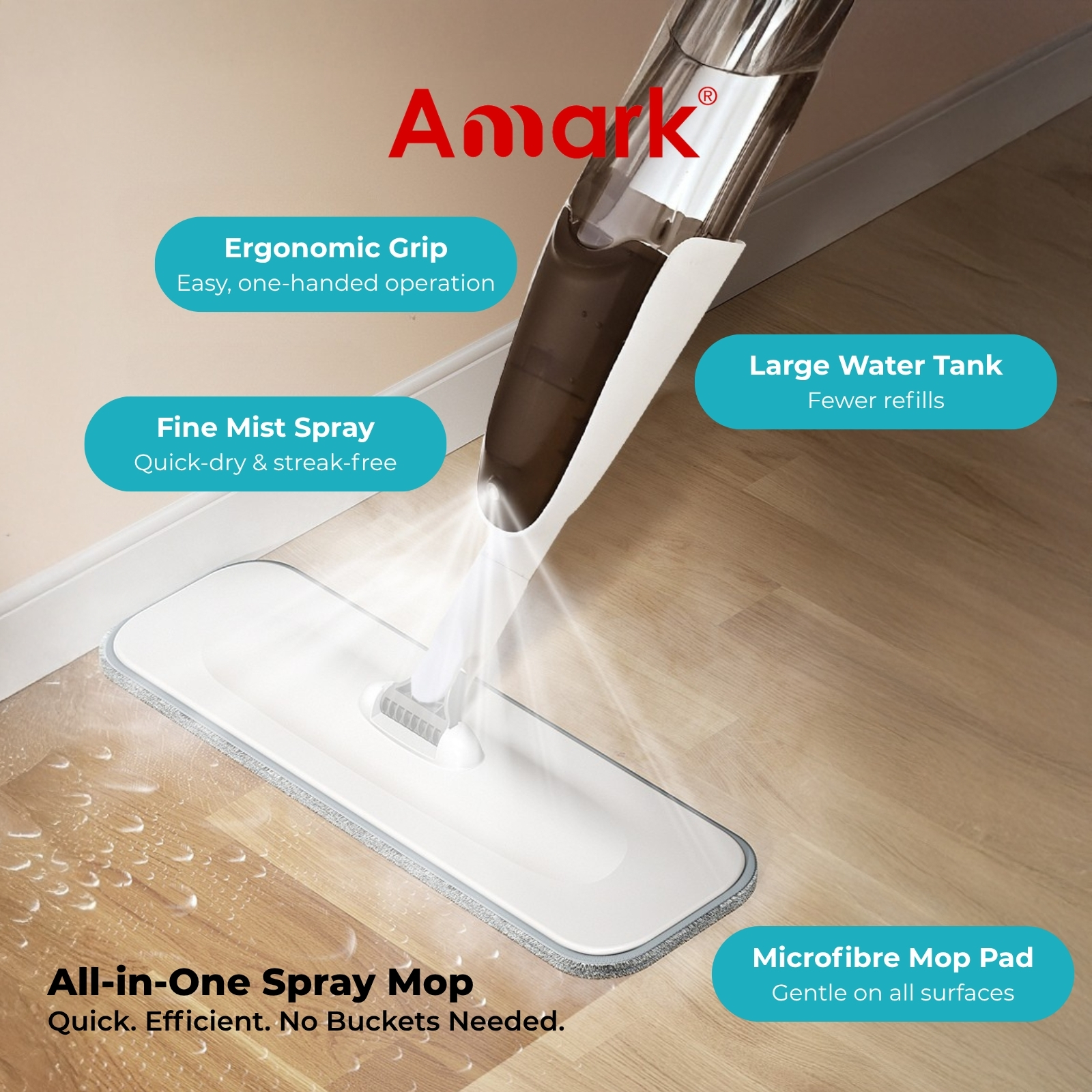 Amark Spray Mop - Stainless Steel Flat Floor Mop | 470ml Refillable Bottle | Microfibre Mop Pad