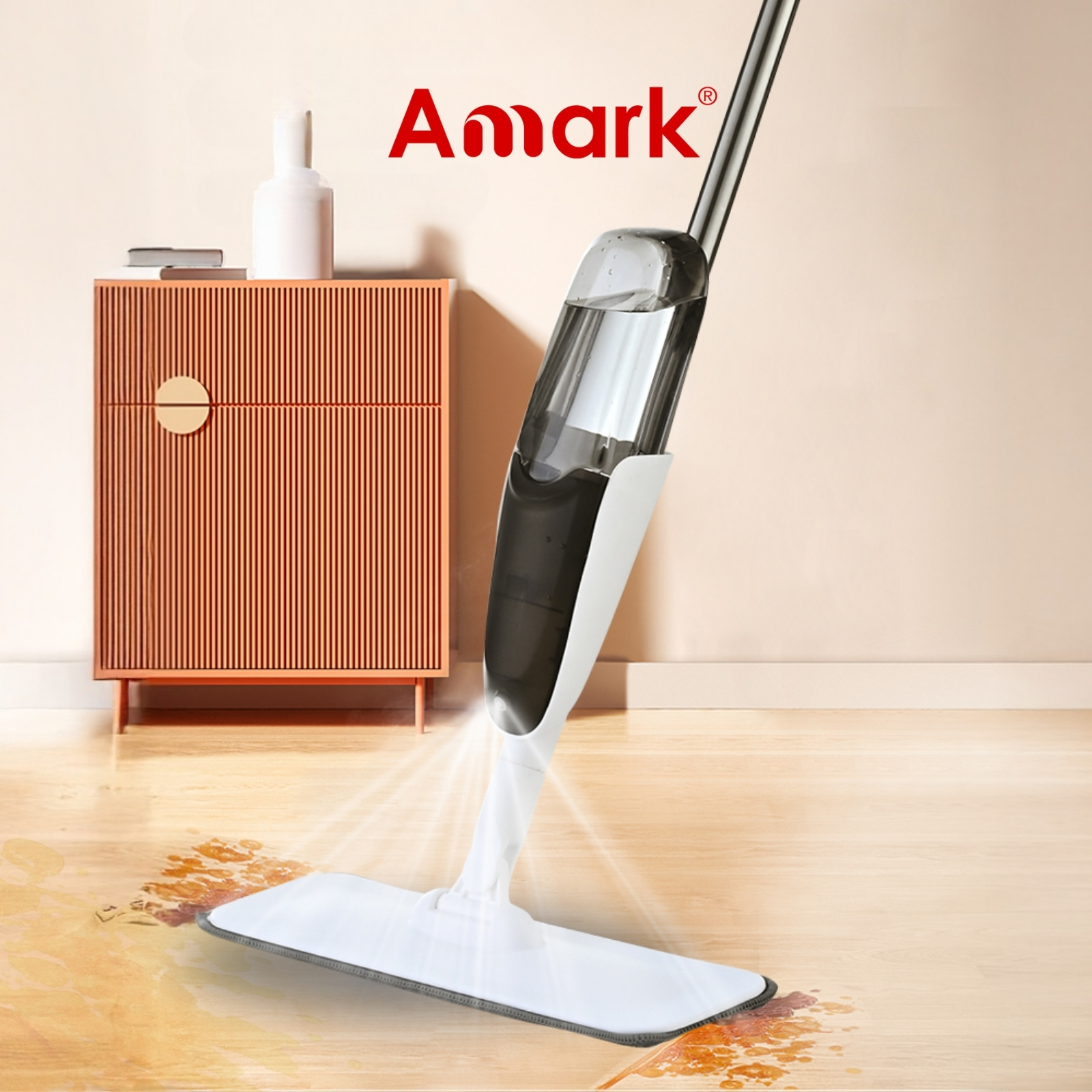 Amark Spray Mop - Stainless Steel Flat Floor Mop | 470ml Refillable Bottle | Microfibre Mop Pad
