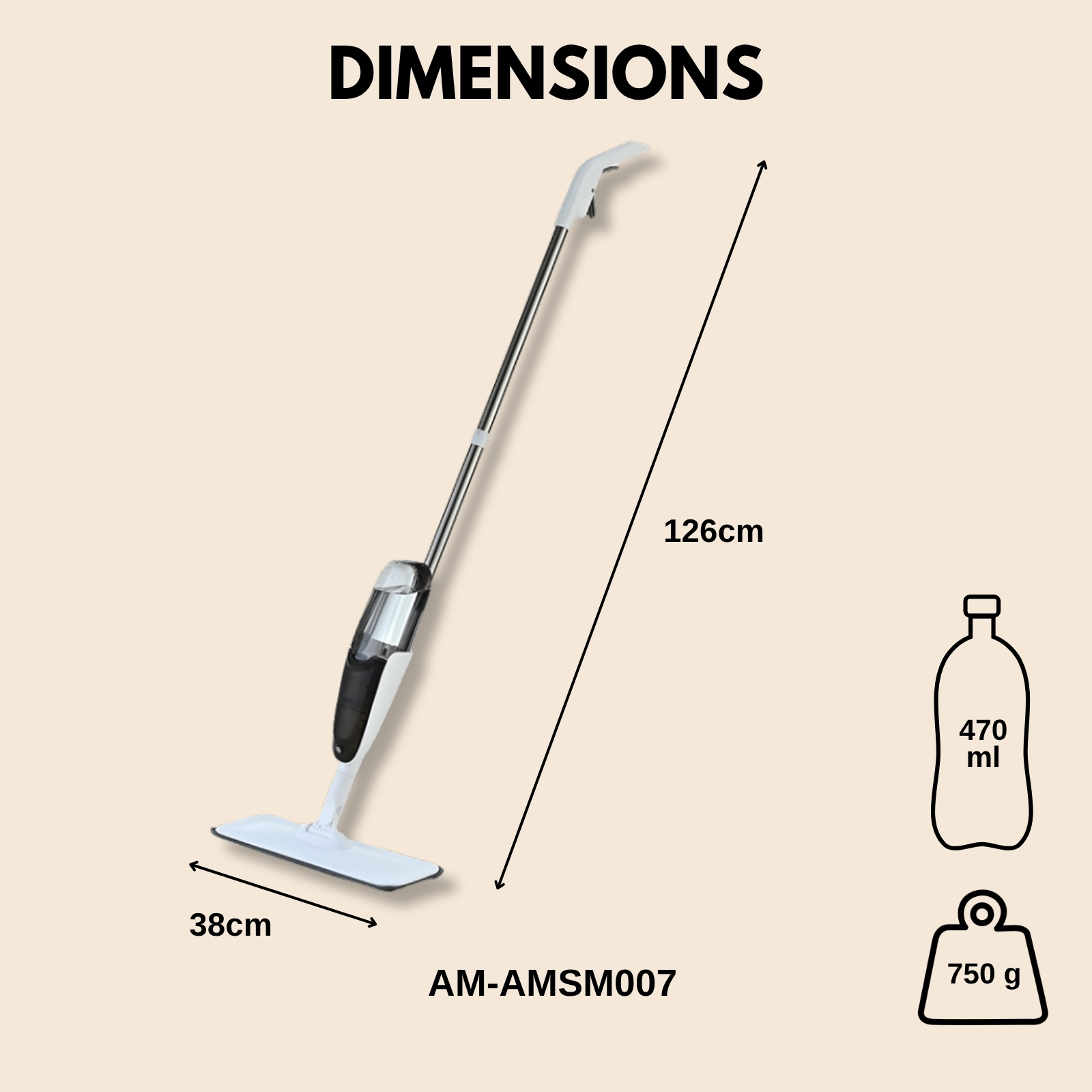 Amark Spray Mop - Stainless Steel Flat Floor Mop | 470ml Refillable Bottle | Microfibre Mop Pad