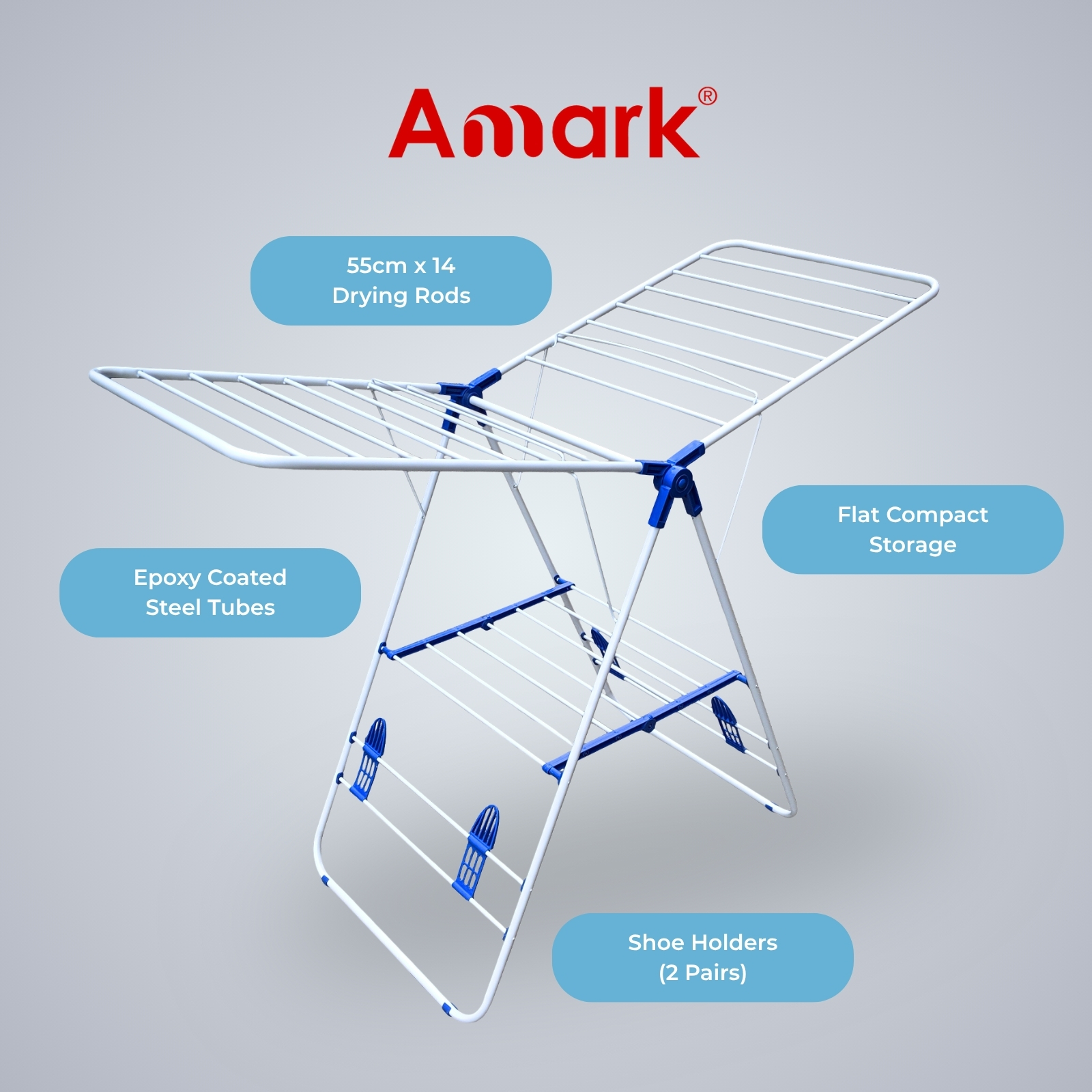 Amark Heavy-Duty Epoxy Steel Dual-Wing Clothes Dryer with Shoe Holders 145x55x95 cm