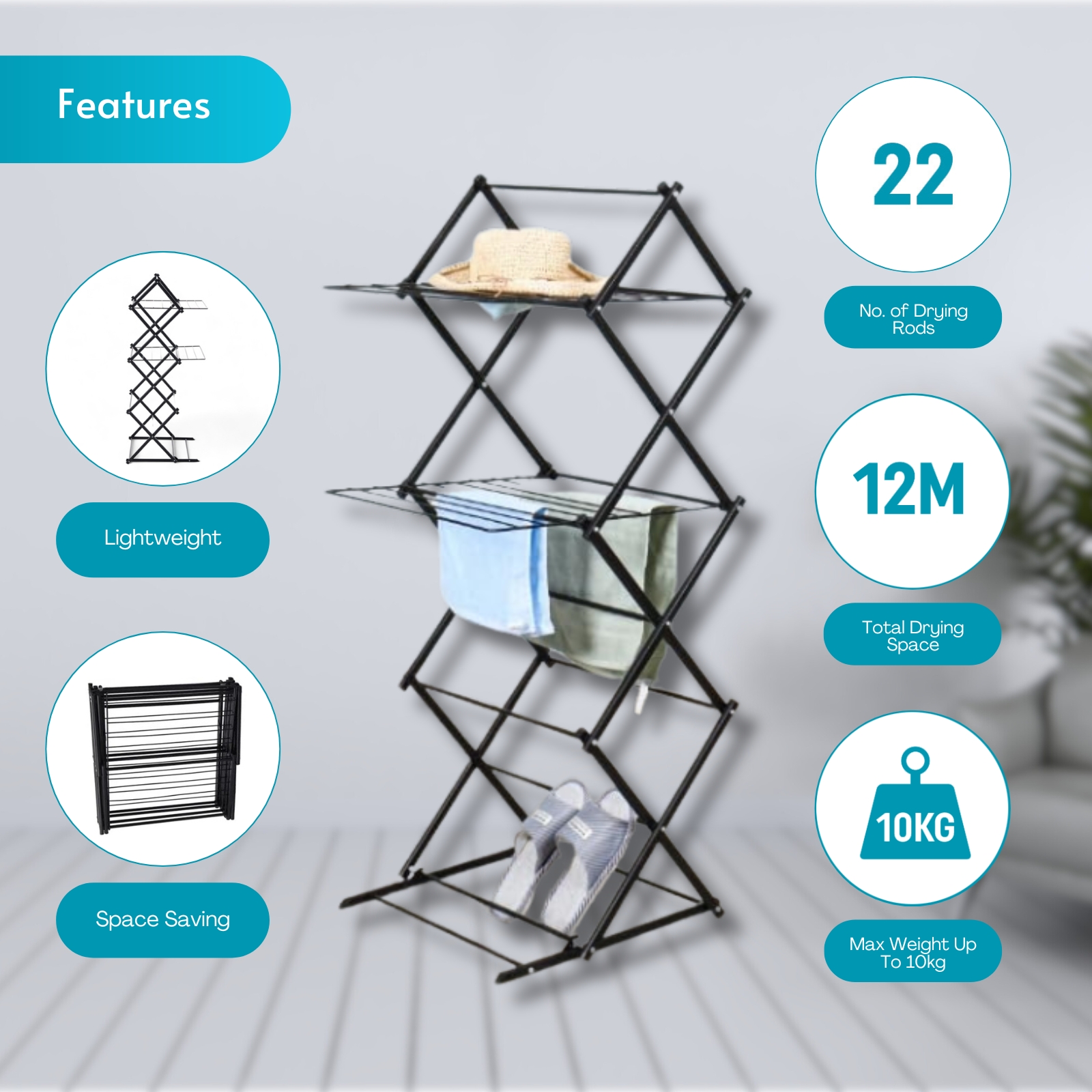 Amark 3-Tier Collapsible Laundry Rack with 22 Drying Rods Super Quic