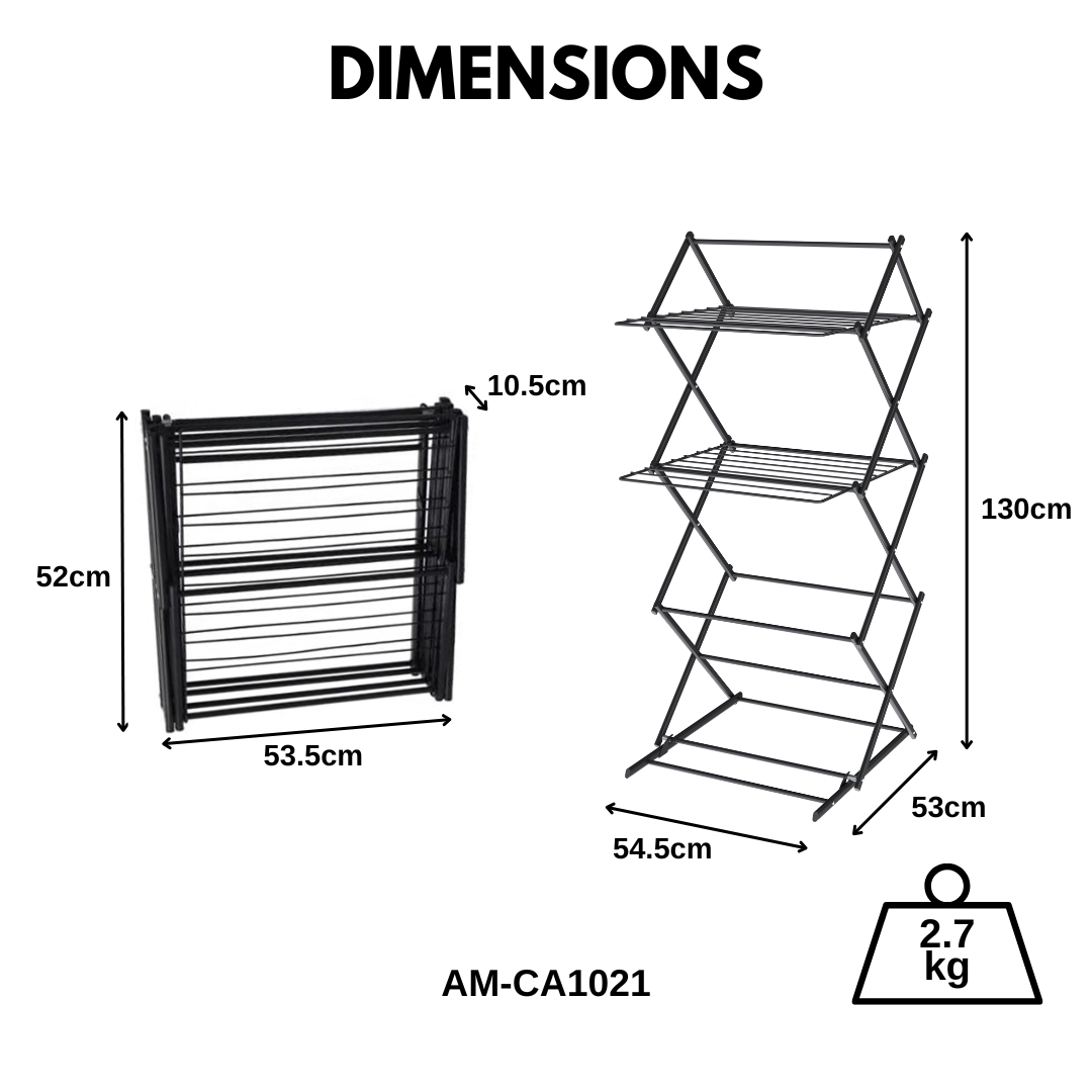 Amark 3-Tier Collapsible Laundry Rack with 22 Drying Rods - Super Quick Assembly - 54.5x53x130 cm