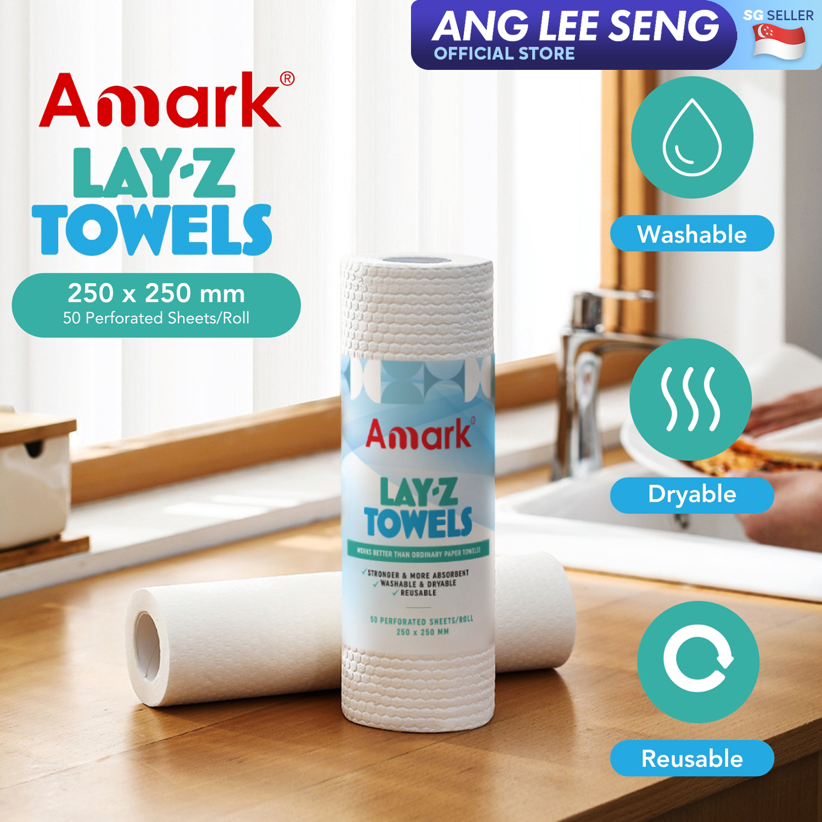 Amark Lay-Z Reusable & Washable Kitchen Towels 250 x 250mm - 50 Perforated Sheets/Roll
