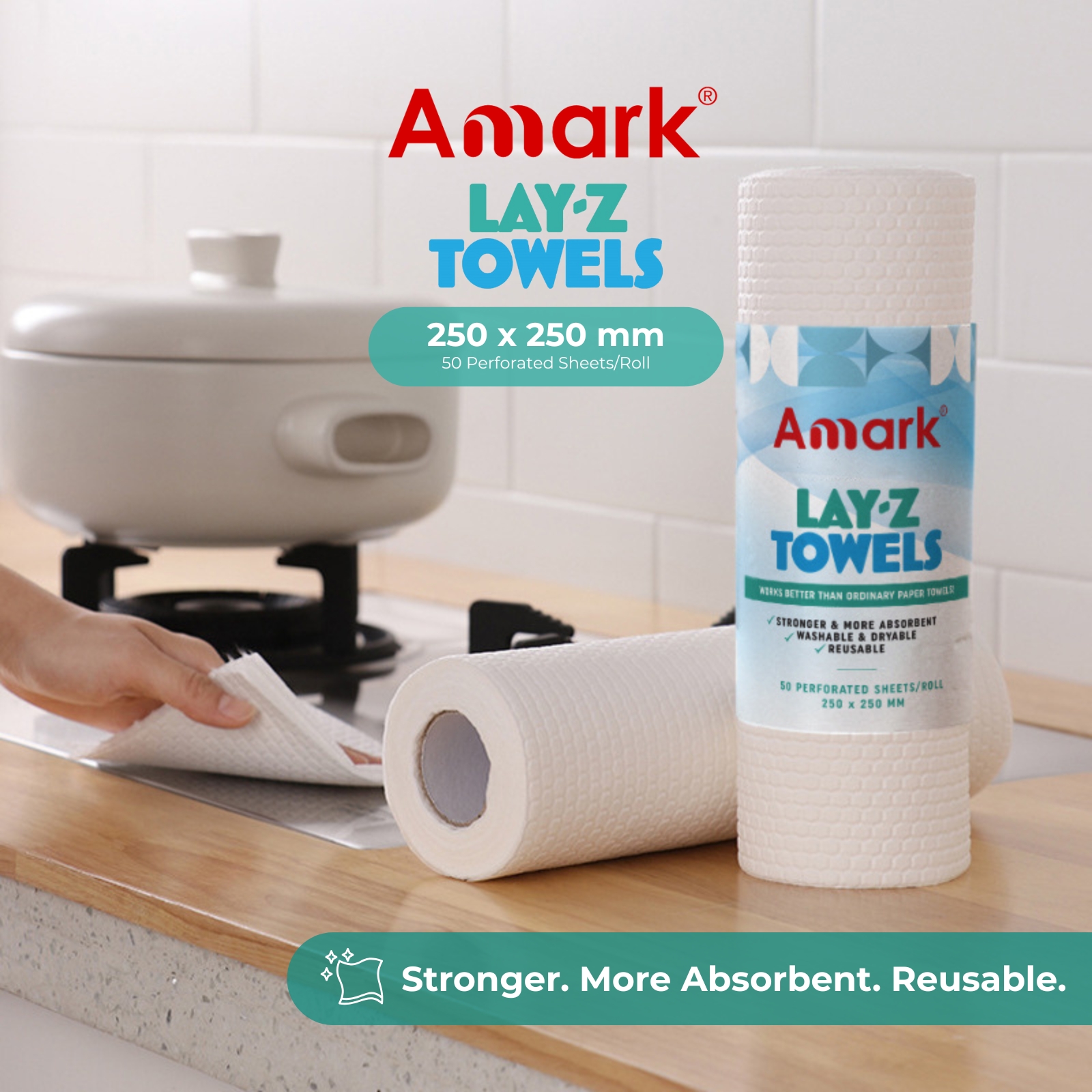 Amark Lay-Z Reusable & Washable Kitchen Towels (250 × 250 mm, 50 Sheets/Roll)