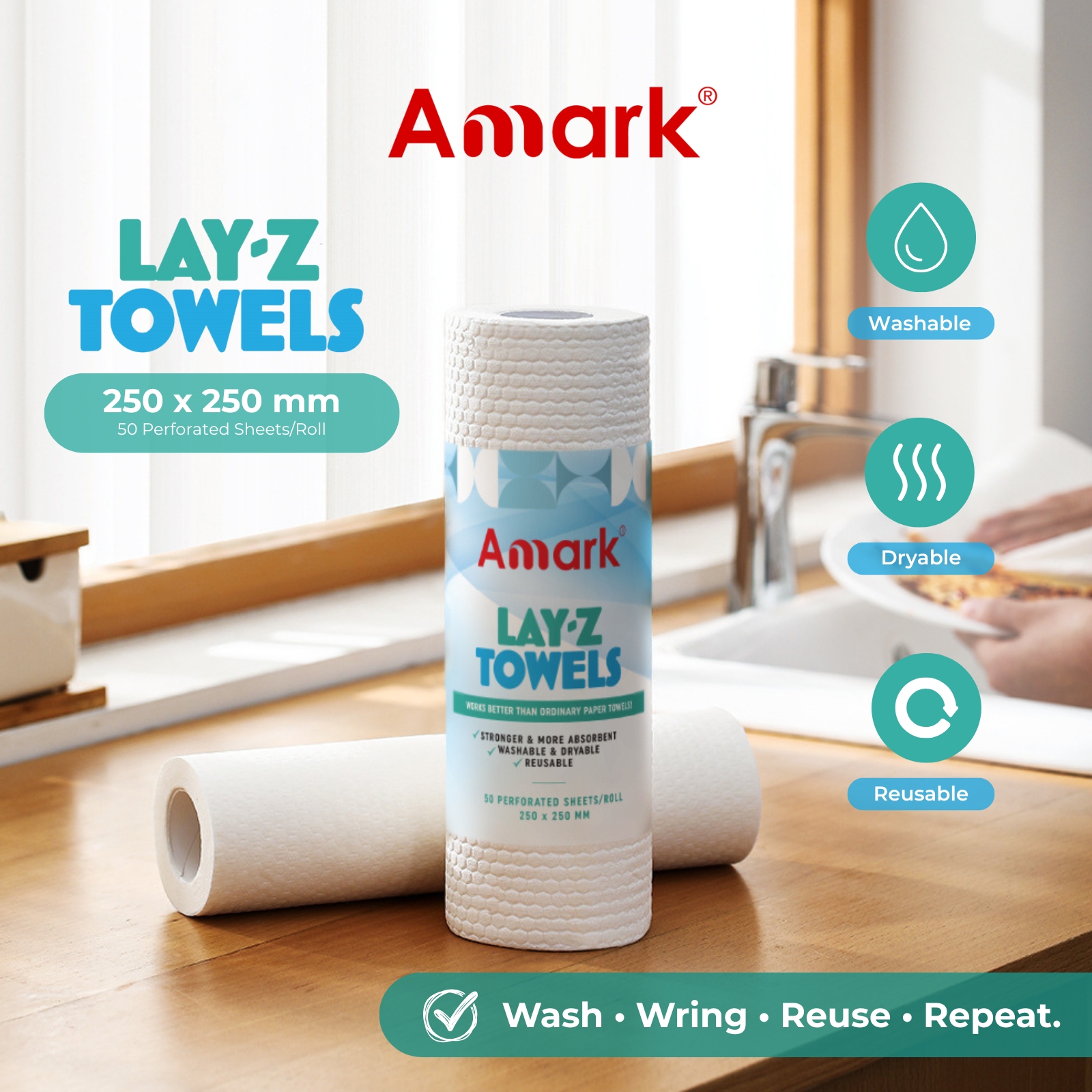 Amark Lay-Z Reusable & Washable Kitchen Towels (250 × 250 mm, 50 Sheets/Roll)