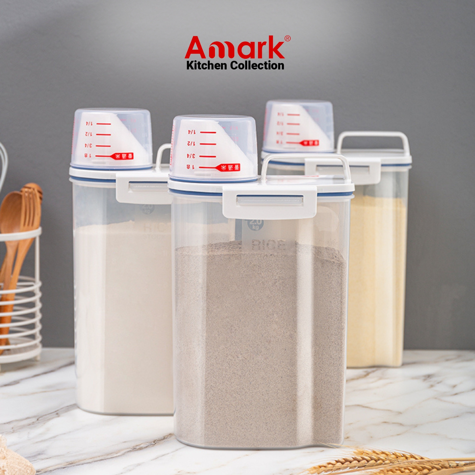 Amark Kitchen Collection Rice Stocker 2kg Pour Spout & Measuring Cup - Rice, Grains & Kibble Storage
