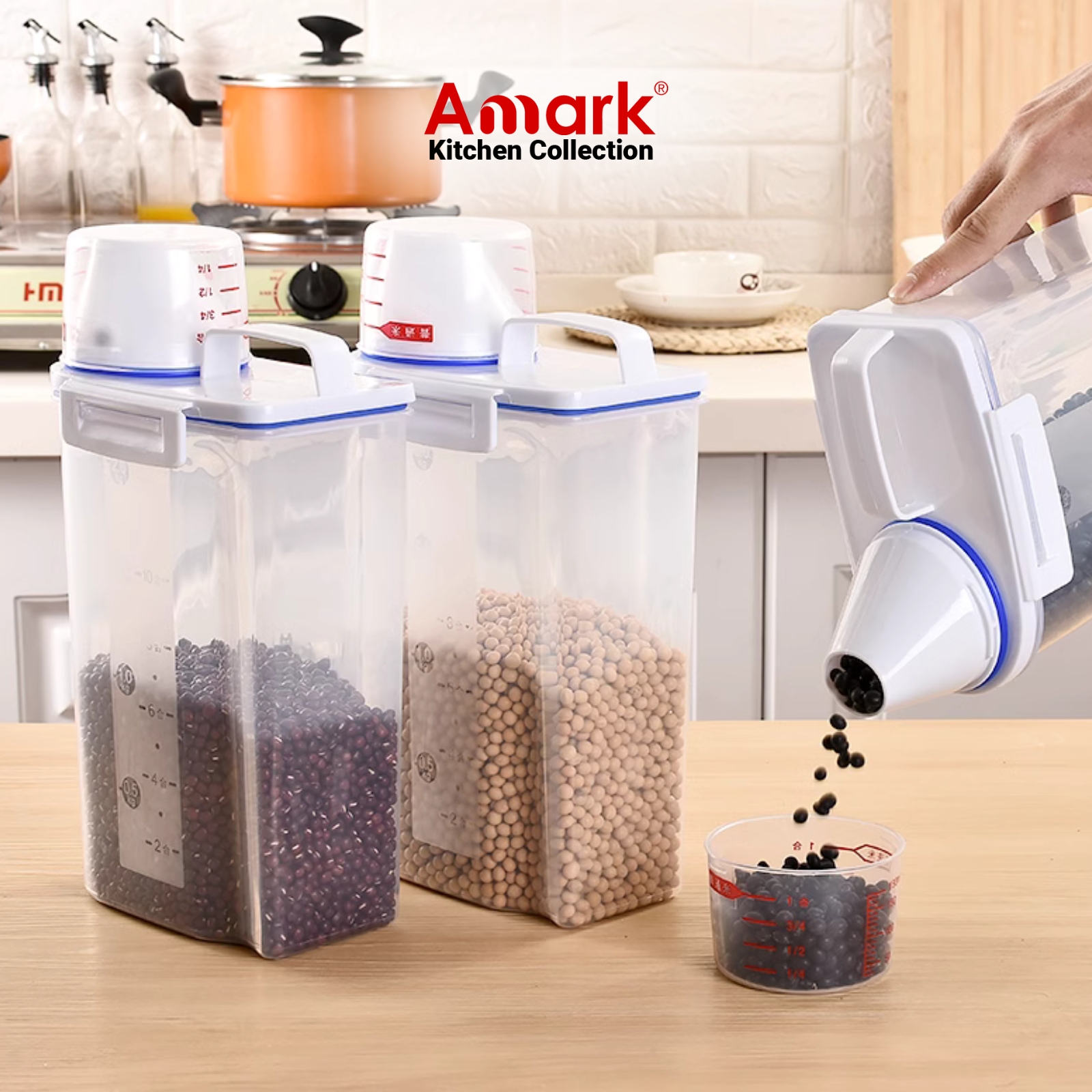 Amark Kitchen Collection Rice Stocker 2kg Pour Spout & Measuring Cup - Rice, Grains & Kibble Storage