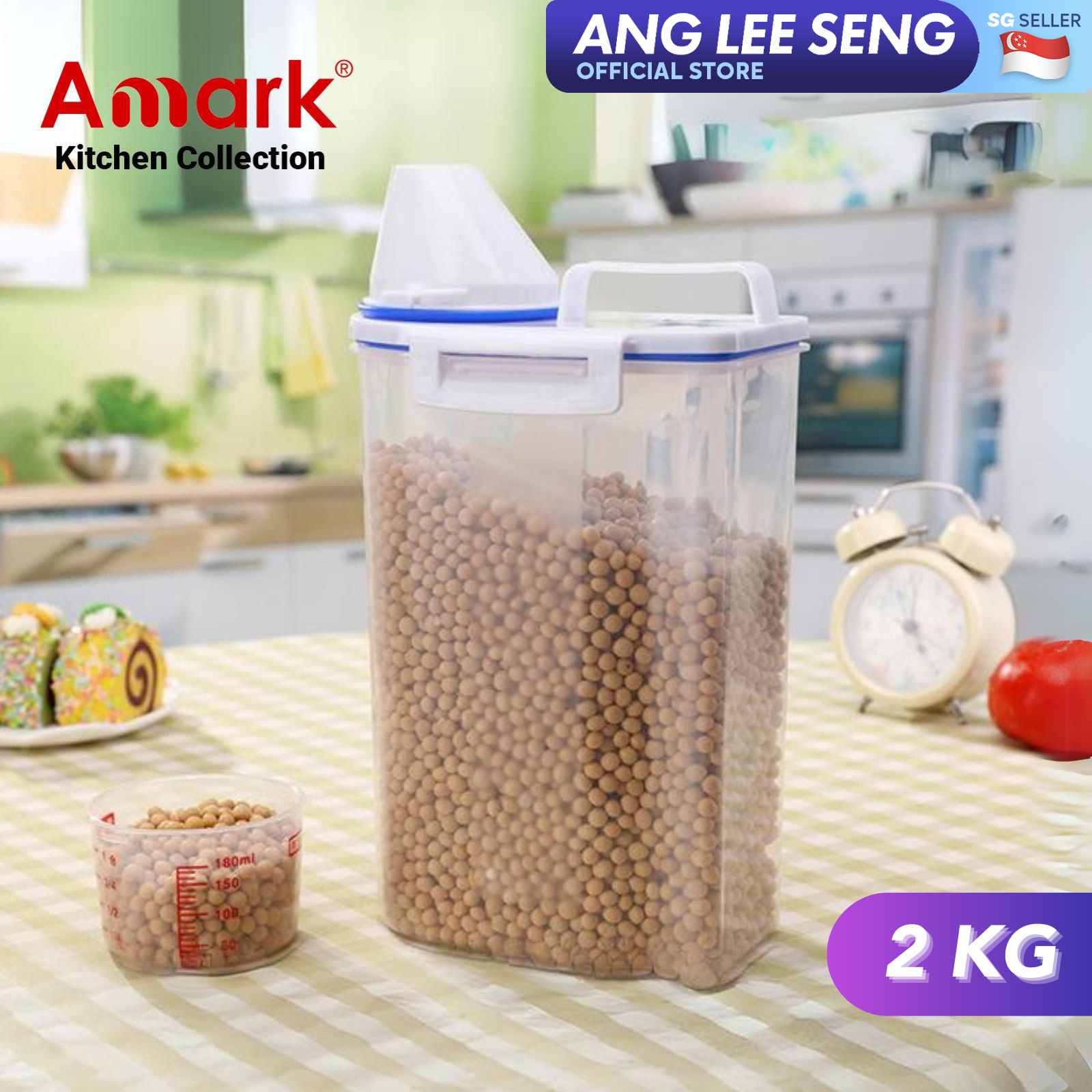 Amark Kitchen Collection Rice Stocker Container 2kg with Pouring Spout & Measuring Cup - Dried Food & Pet Kibble Storage