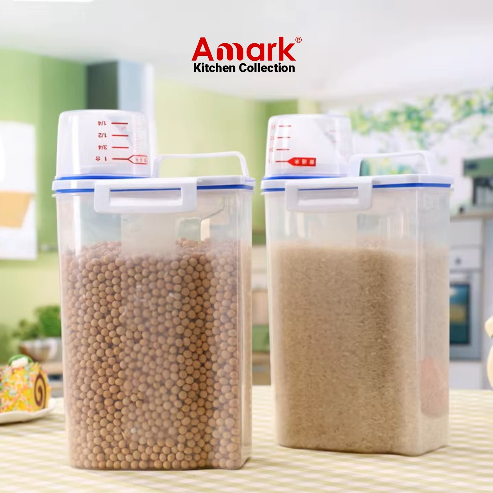 Amark Kitchen Collection Rice Stocker 2kg Pour Spout & Measuring Cup - Rice, Grains & Kibble Storage