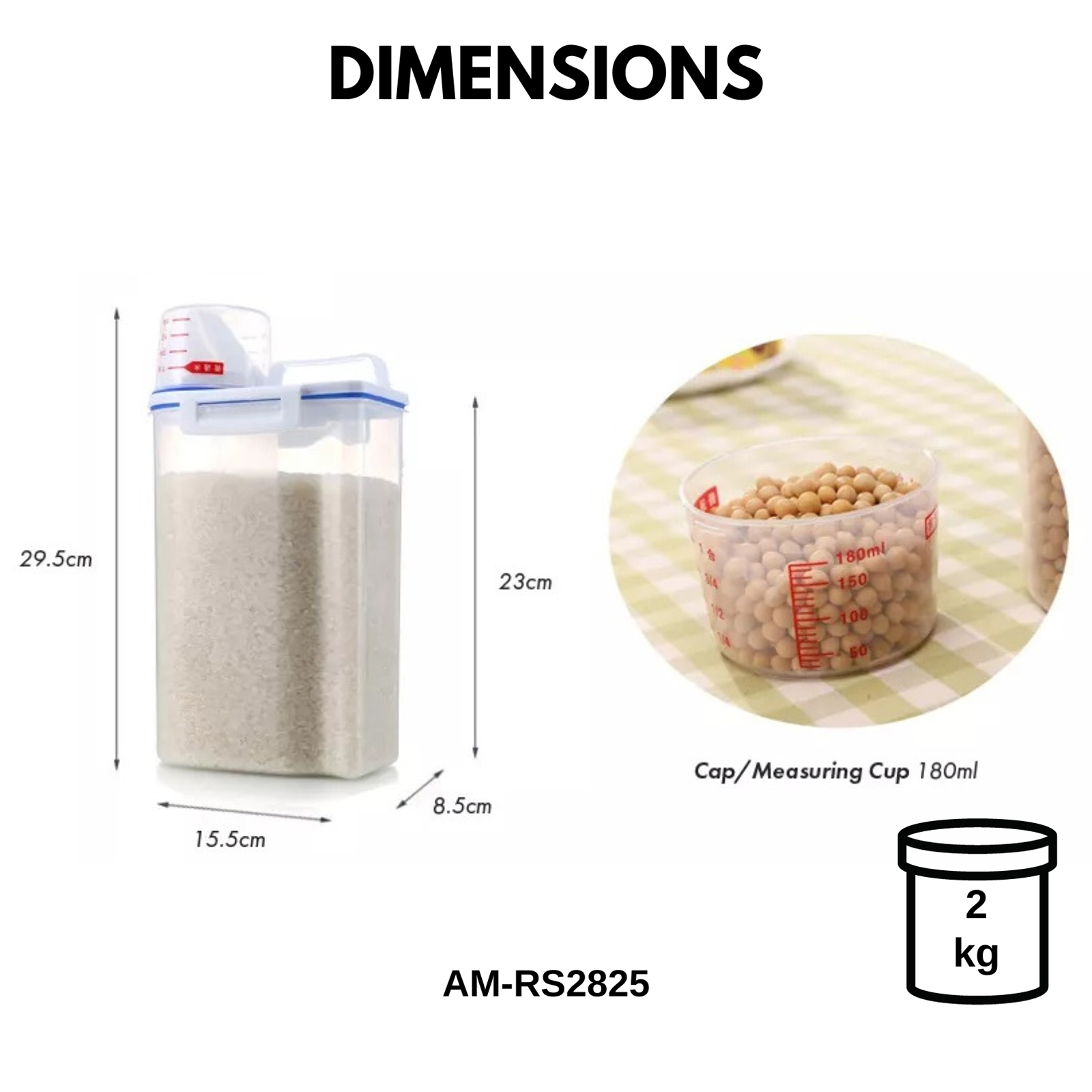 Amark Kitchen Collection Rice Stocker Container 2kg with Pouring Spout & Measuring Cup - Dried Food & Pet Kibble Storage