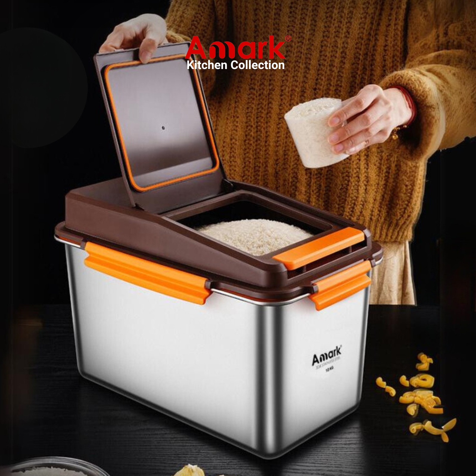 Amark Kitchen Collection Stainless Steel 10kg Rice Storage Bin - Flip Lid, Measuring Cup, Bug Seal