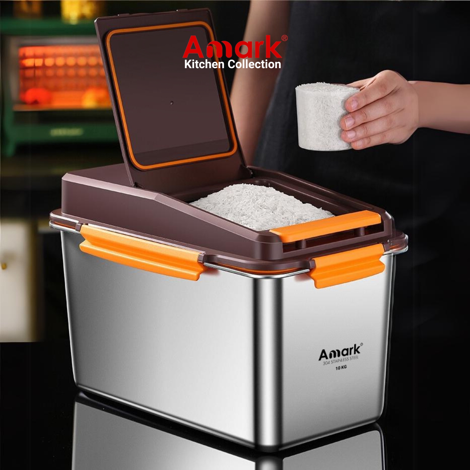 Amark Kitchen Collection Stainless Steel 10kg Rice Storage Bin - Flip Lid, Measuring Cup, Bug Seal