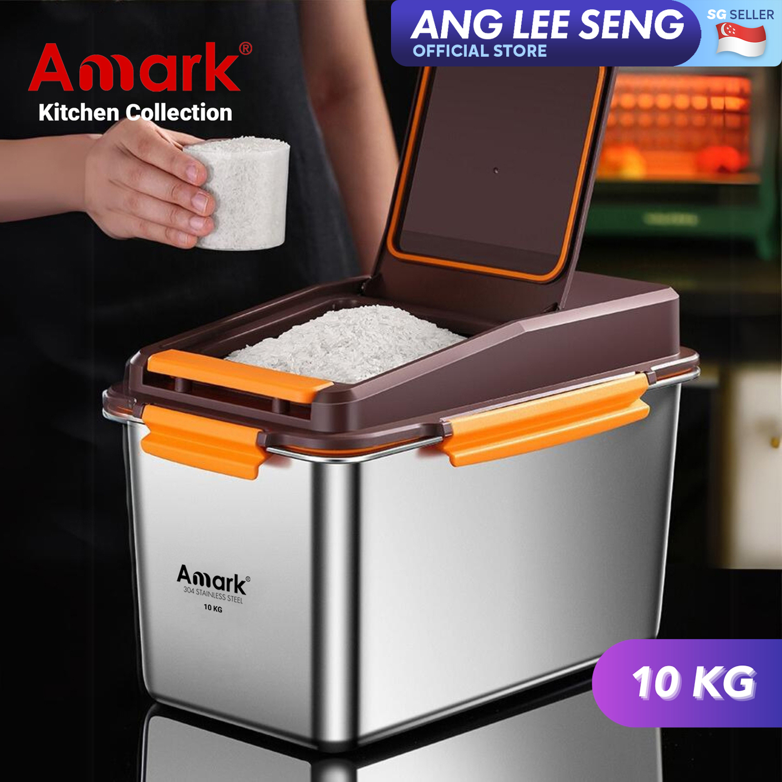 Amark Kitchen Collection Stainless Steel Rice Stocker Box 10kg - Push-Button Flip Top Lid & Measuring Cup